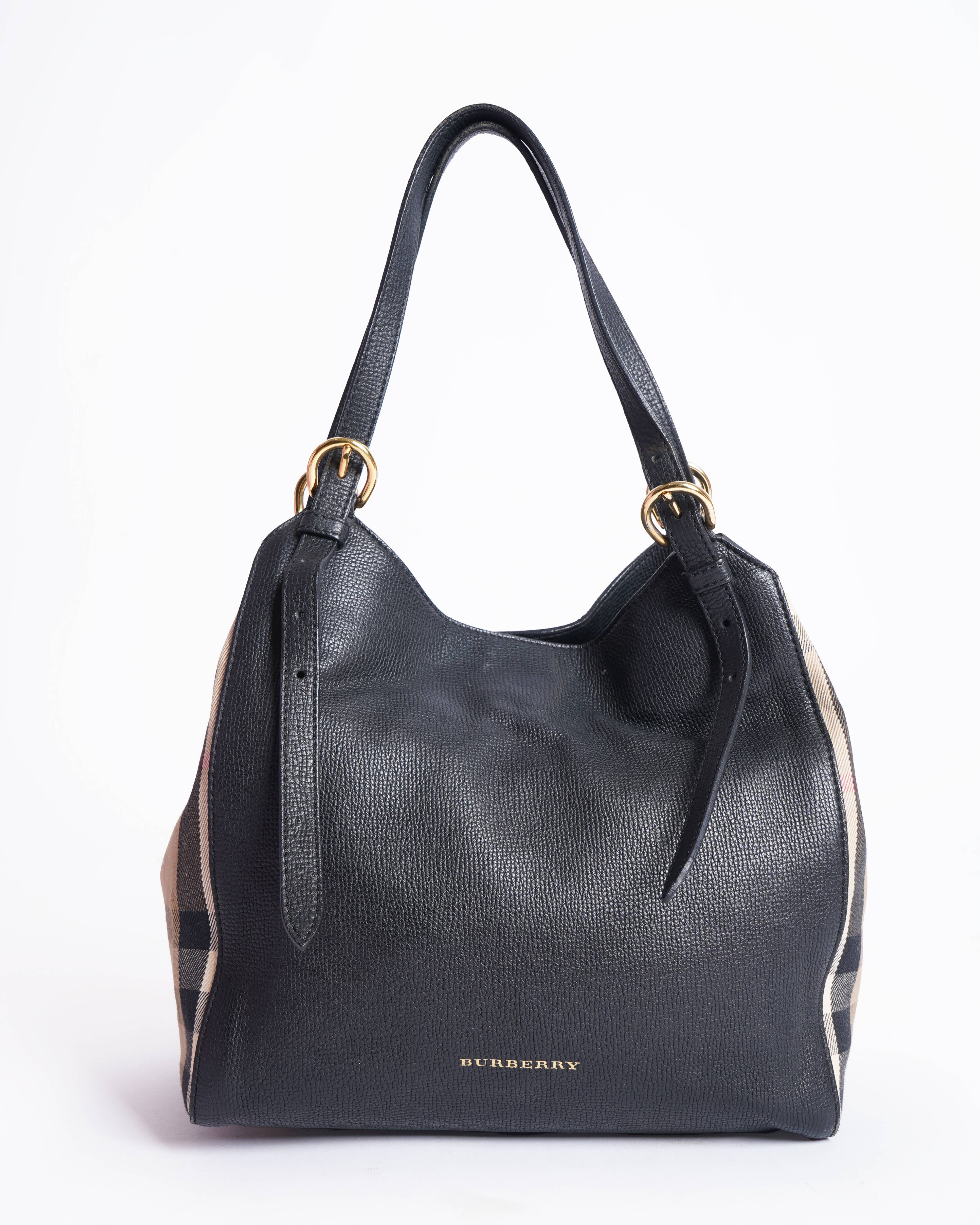 Burberry Black/Beige Leather & House Check Small Canterbury Tote