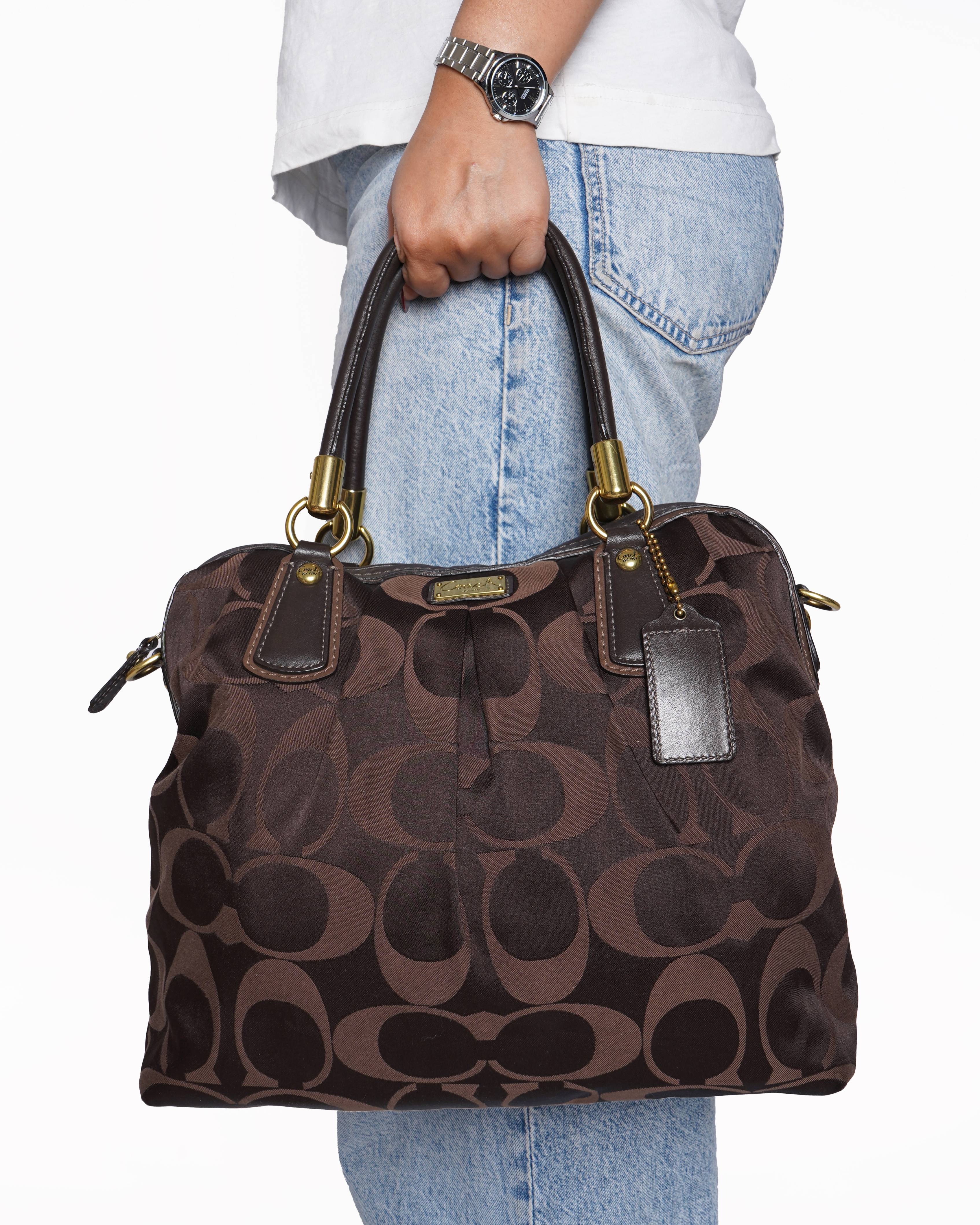 Coach Bag Kristin 15342 Satin Leather Tote Shoulder Bag Brown