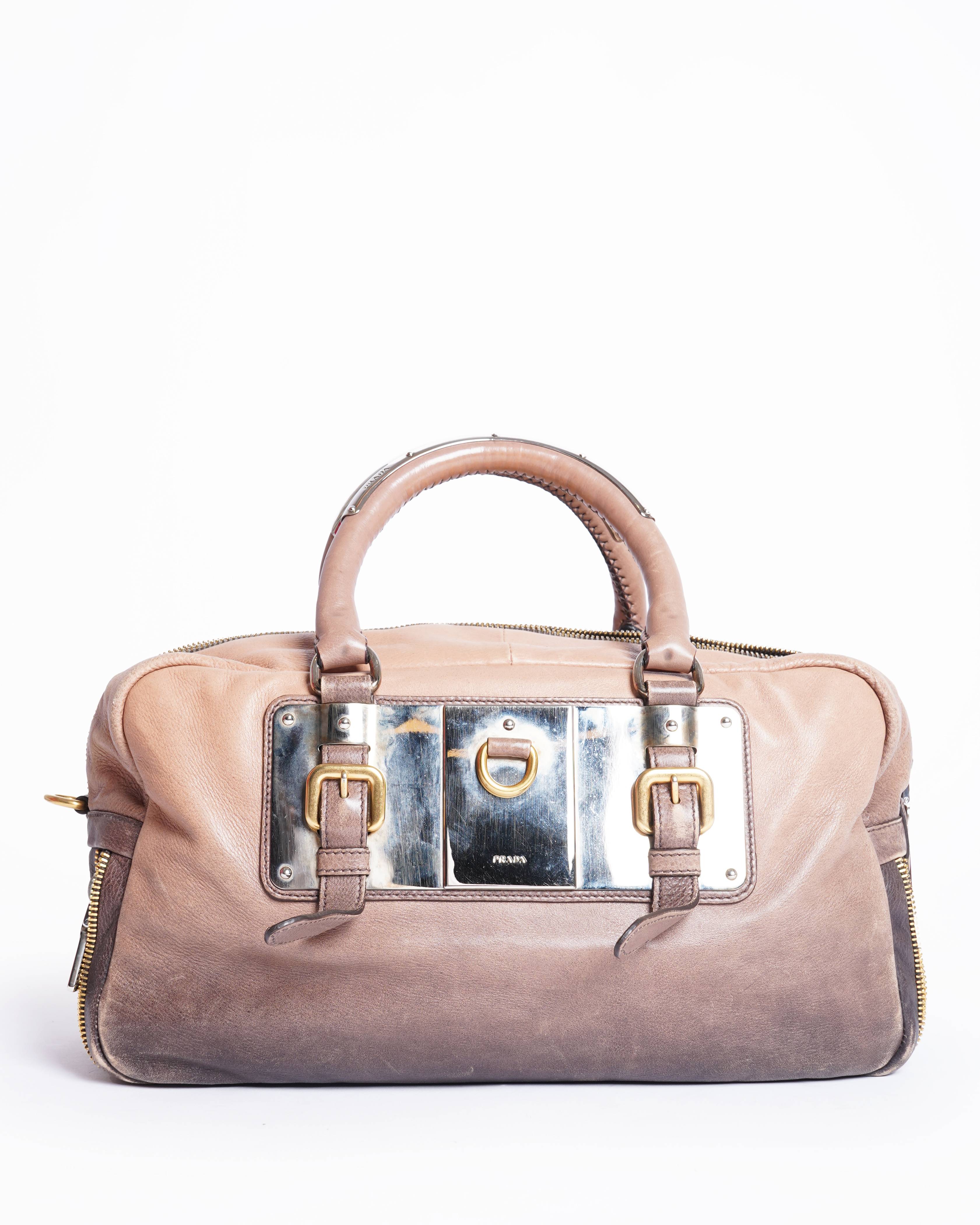 Prada Ombre Brown Glace Leather Zipper Bauletto Bag