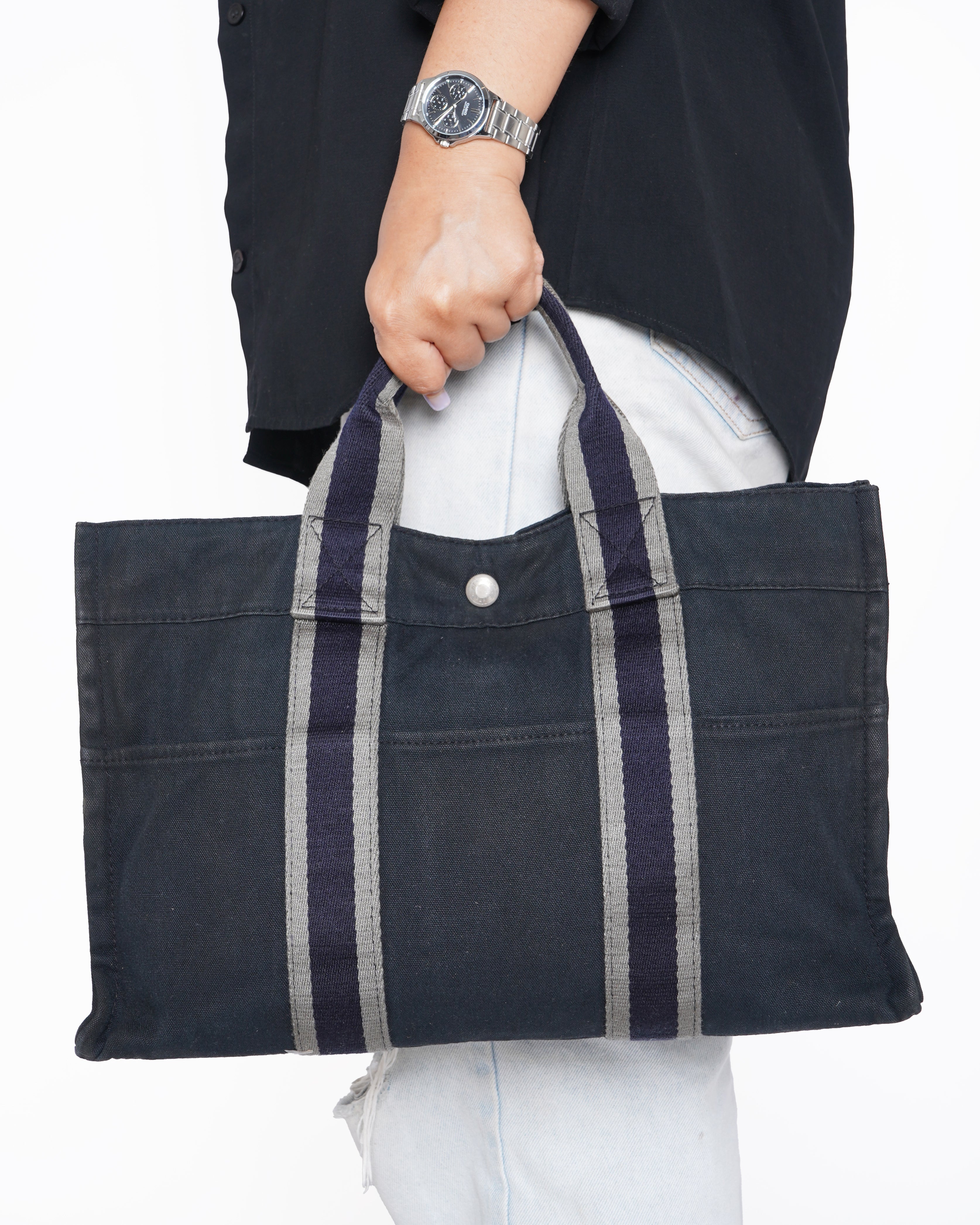 Hermes Houlto MM Handbag Tote Bag Cotton Canvas Black Vintage