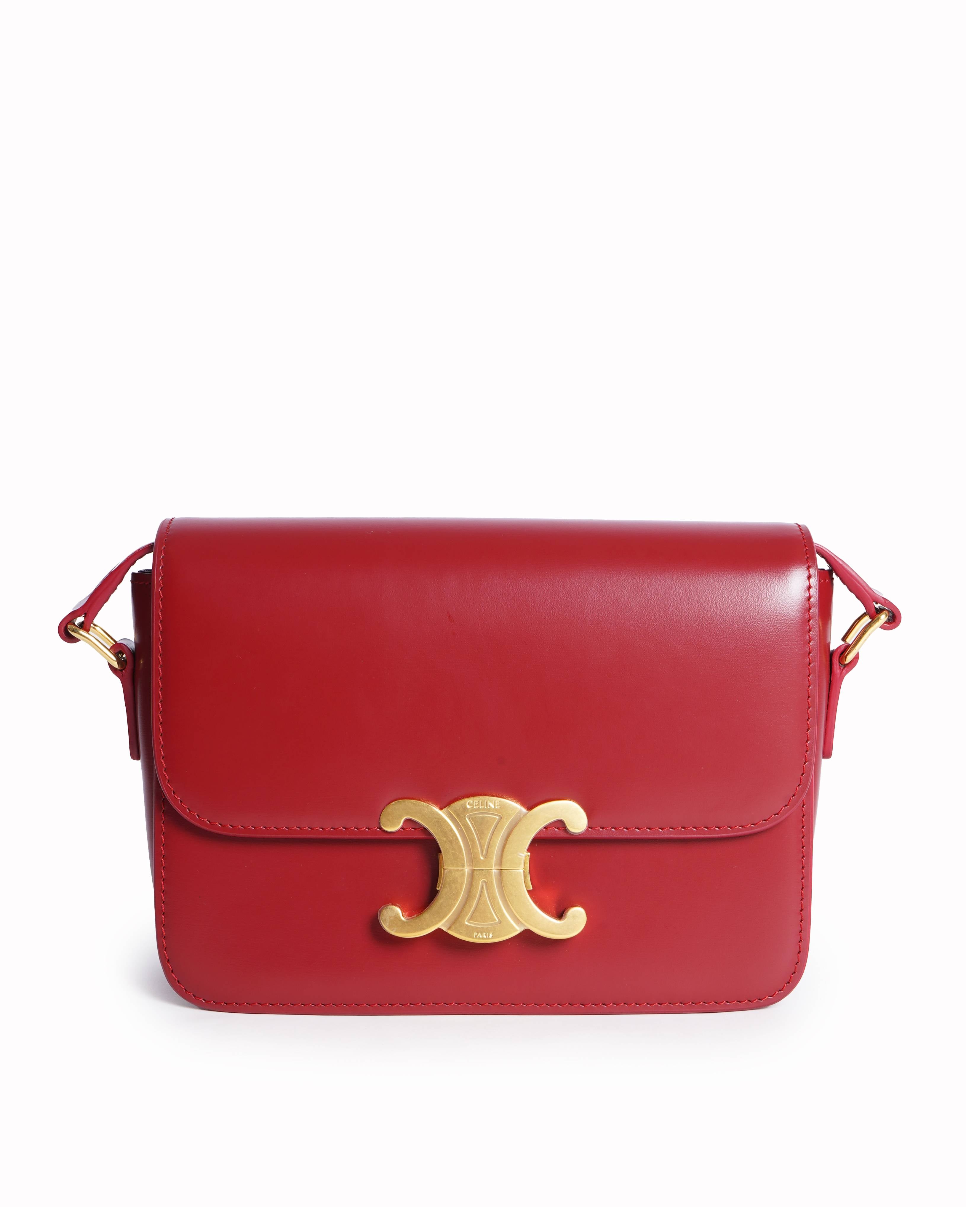 Celine Teen Small Triomphe Bag in Maroon Polished Calfskin
