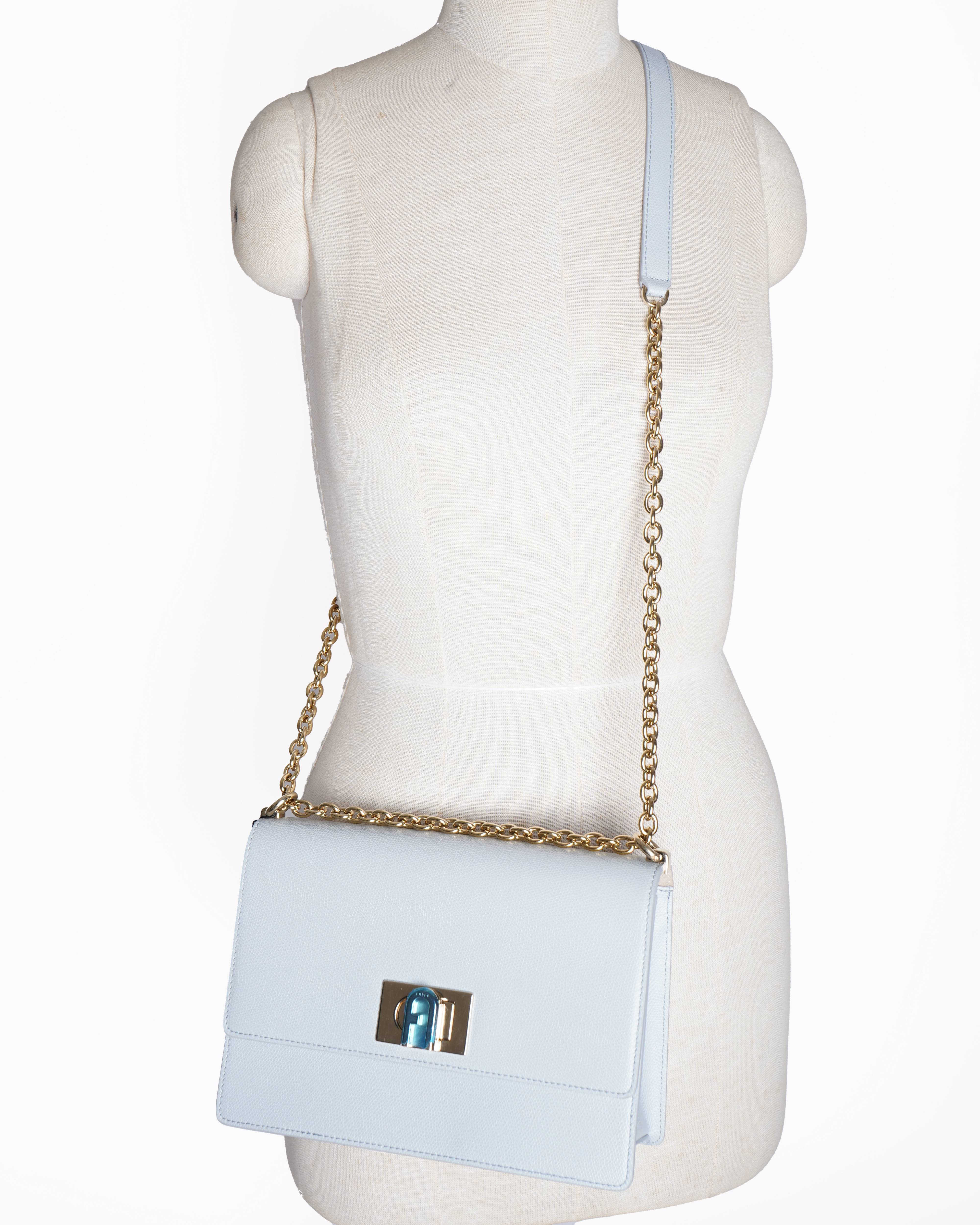 New Furla Mini Crossbody Leather Gold Hardware Light Blue Chain Strap