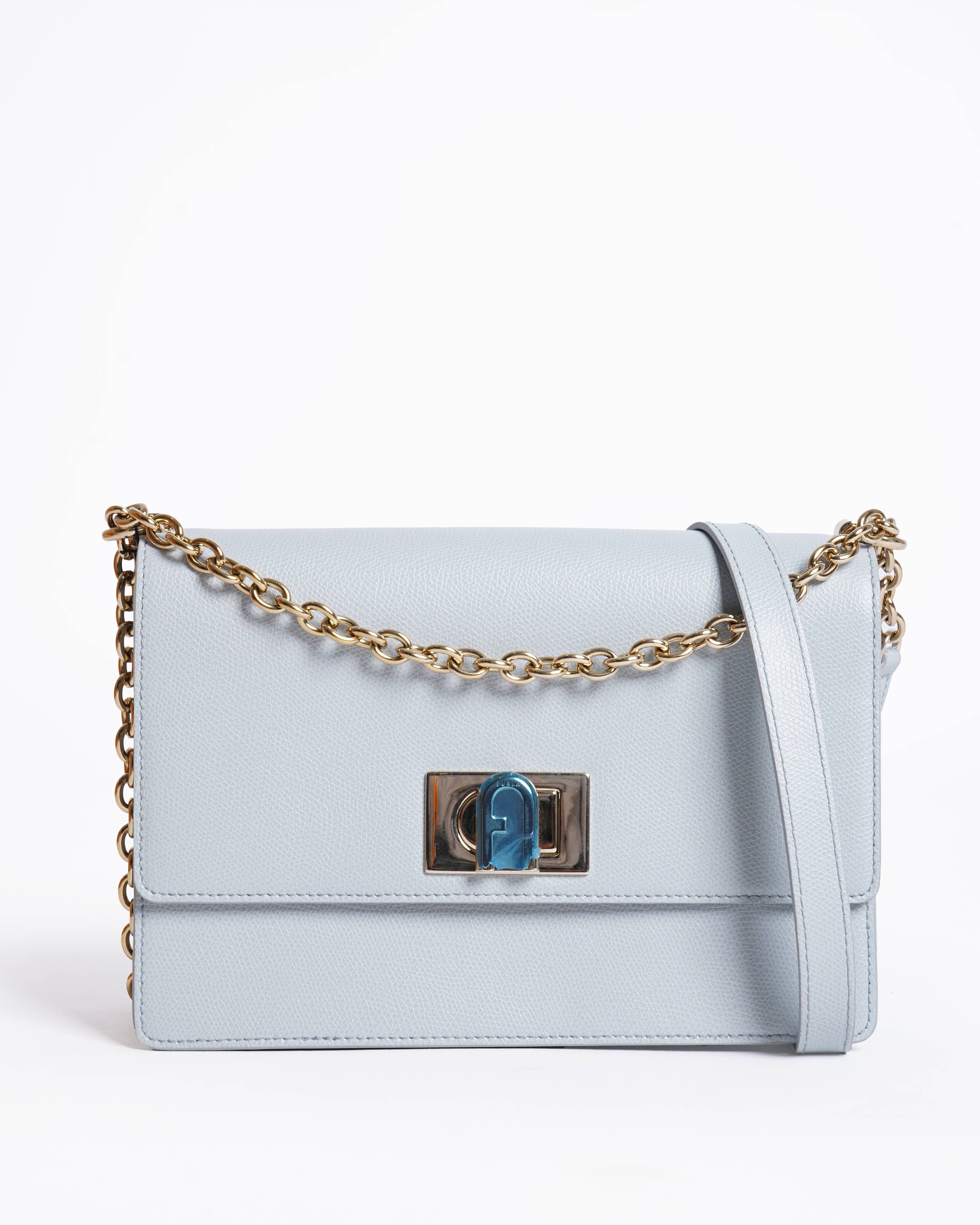New Furla Mini Crossbody Leather Gold Hardware Light Blue Chain Strap