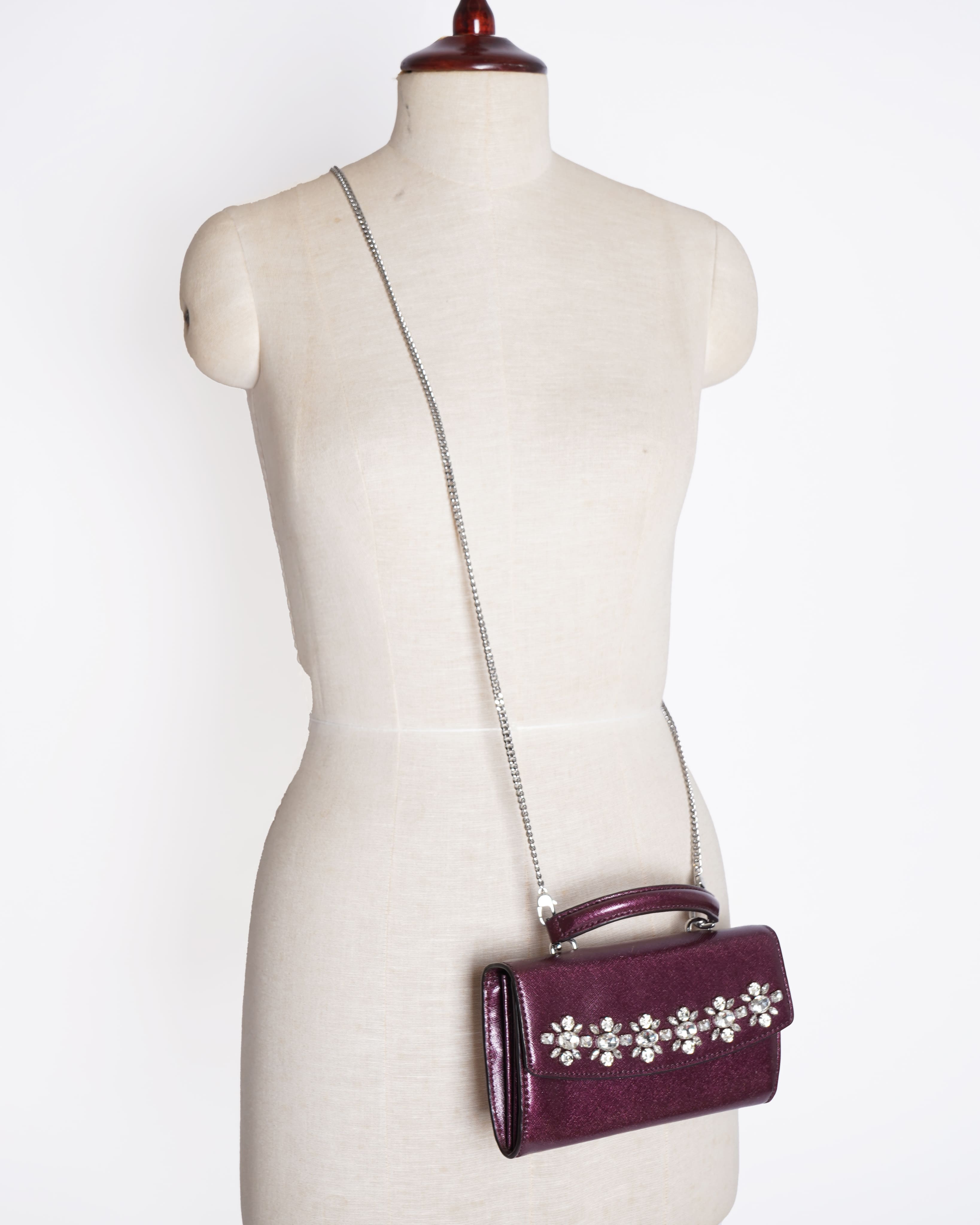 New Michael Kors Ava Jeweled Clutch Handle Crossbody Chain in Burgundy
