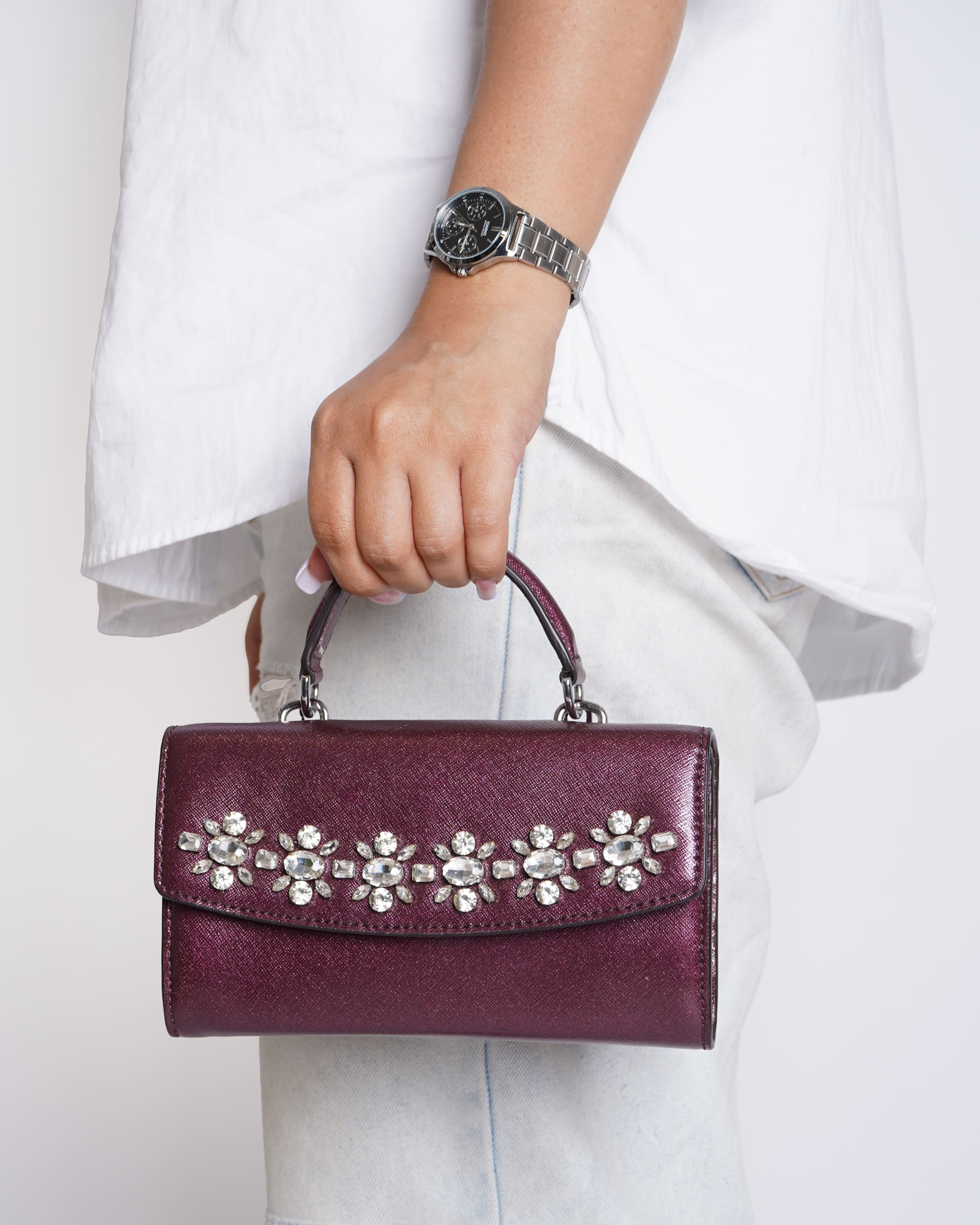 New Michael Kors Ava Jeweled Clutch Handle Crossbody Chain in Burgundy