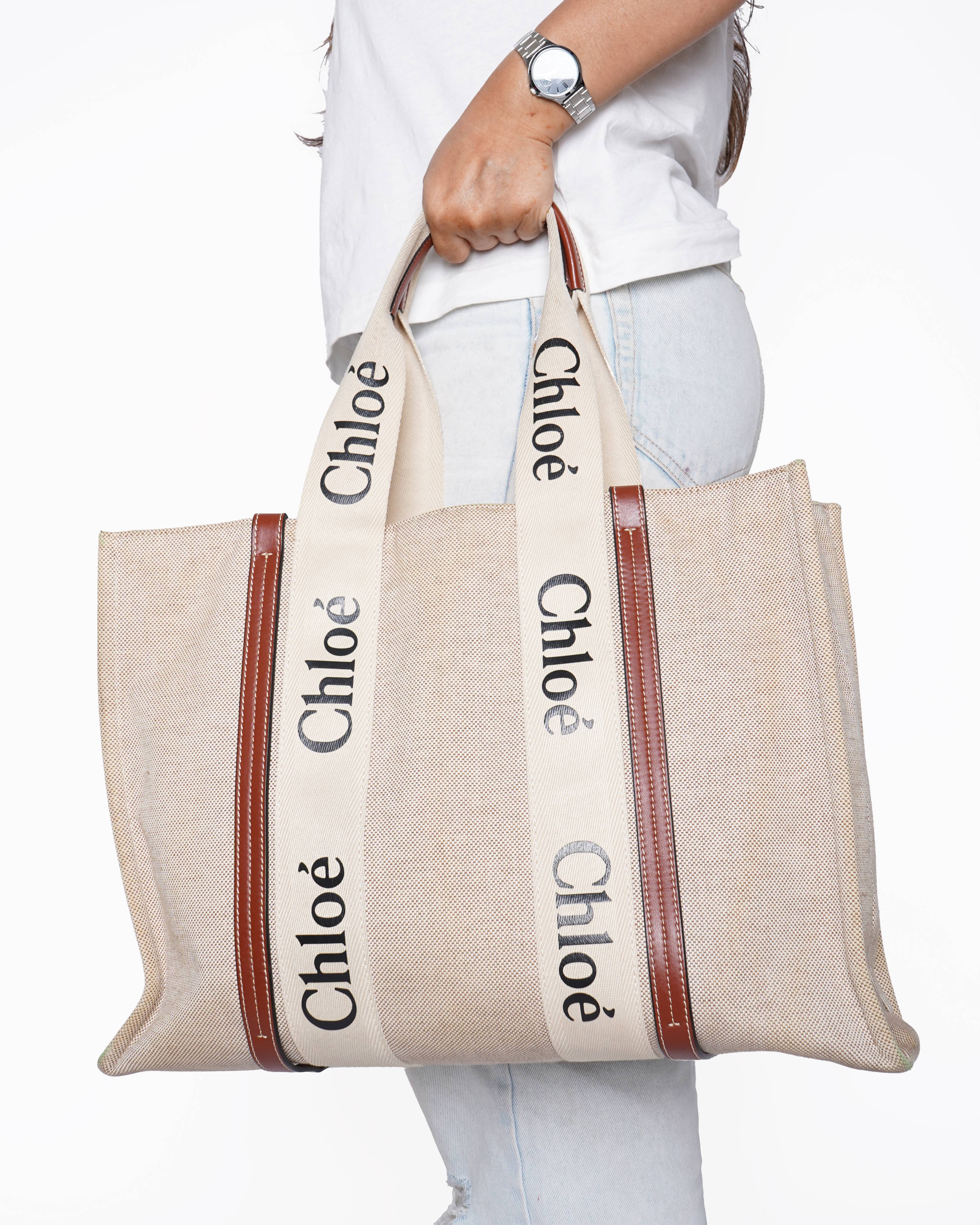 Chloé Large Woody Linen Tote Bag