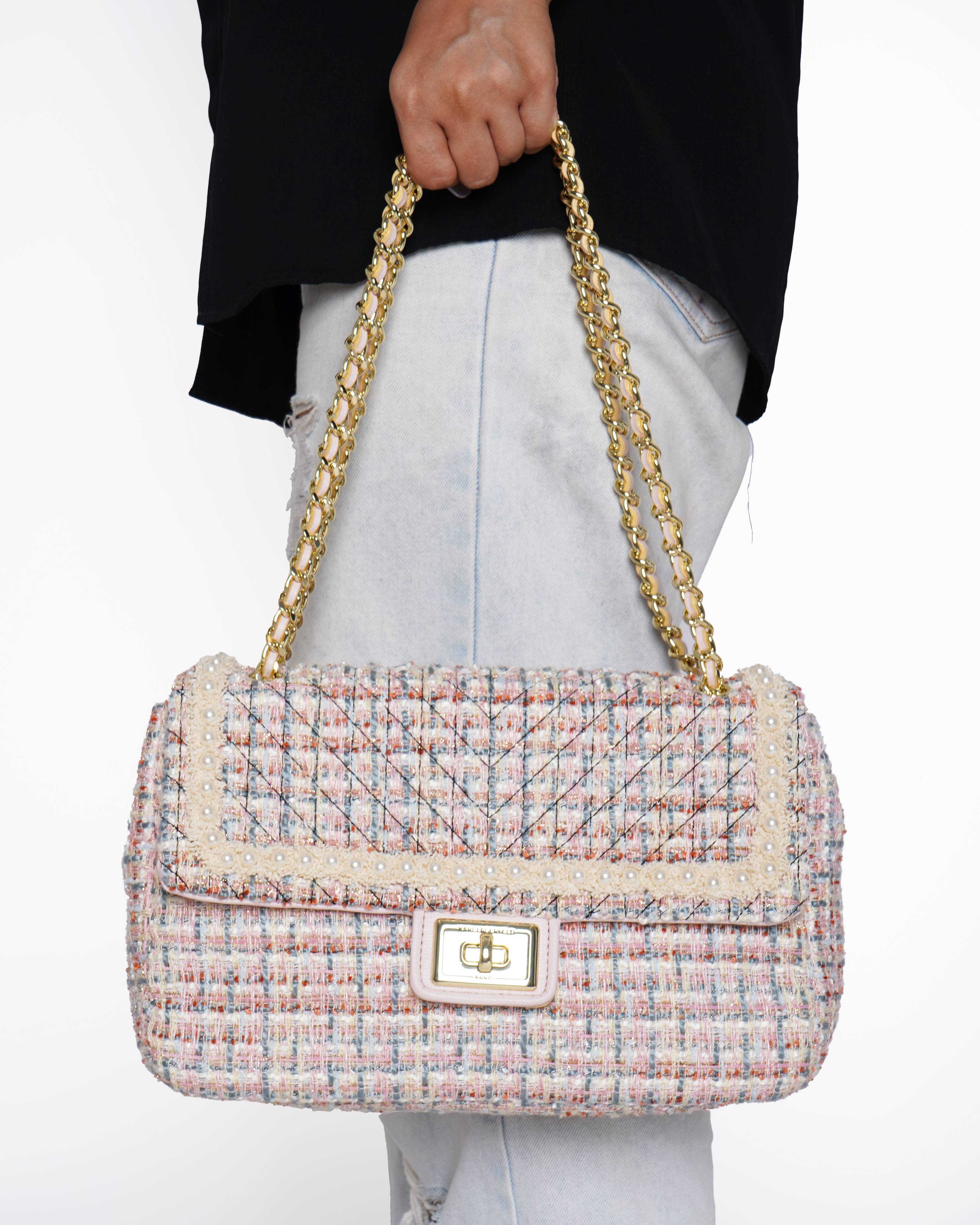 New Karl Lagerfeld Medium Pearl Shoulder Bag In Tweed