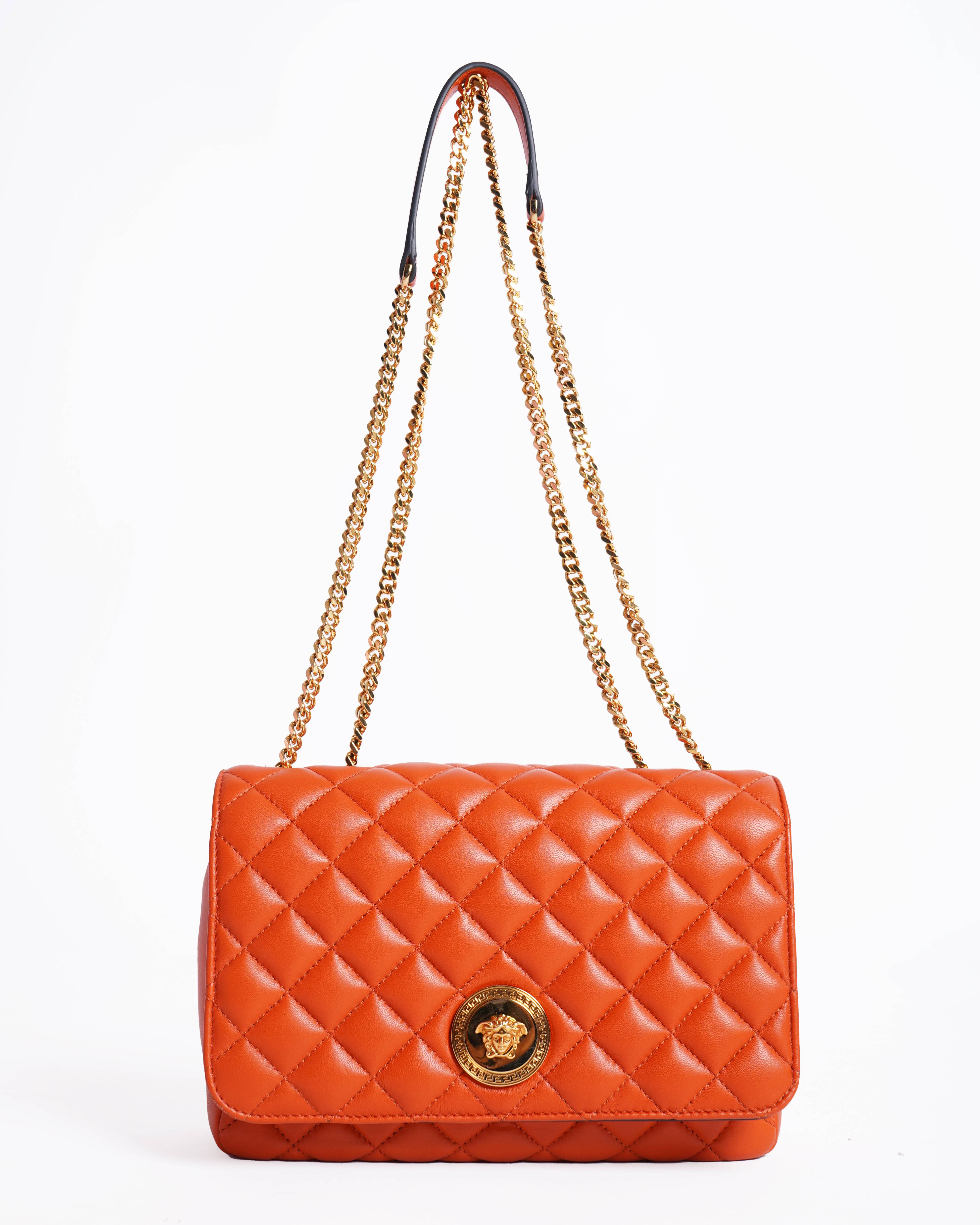 New Versace orange quilted medusa shoulder bag