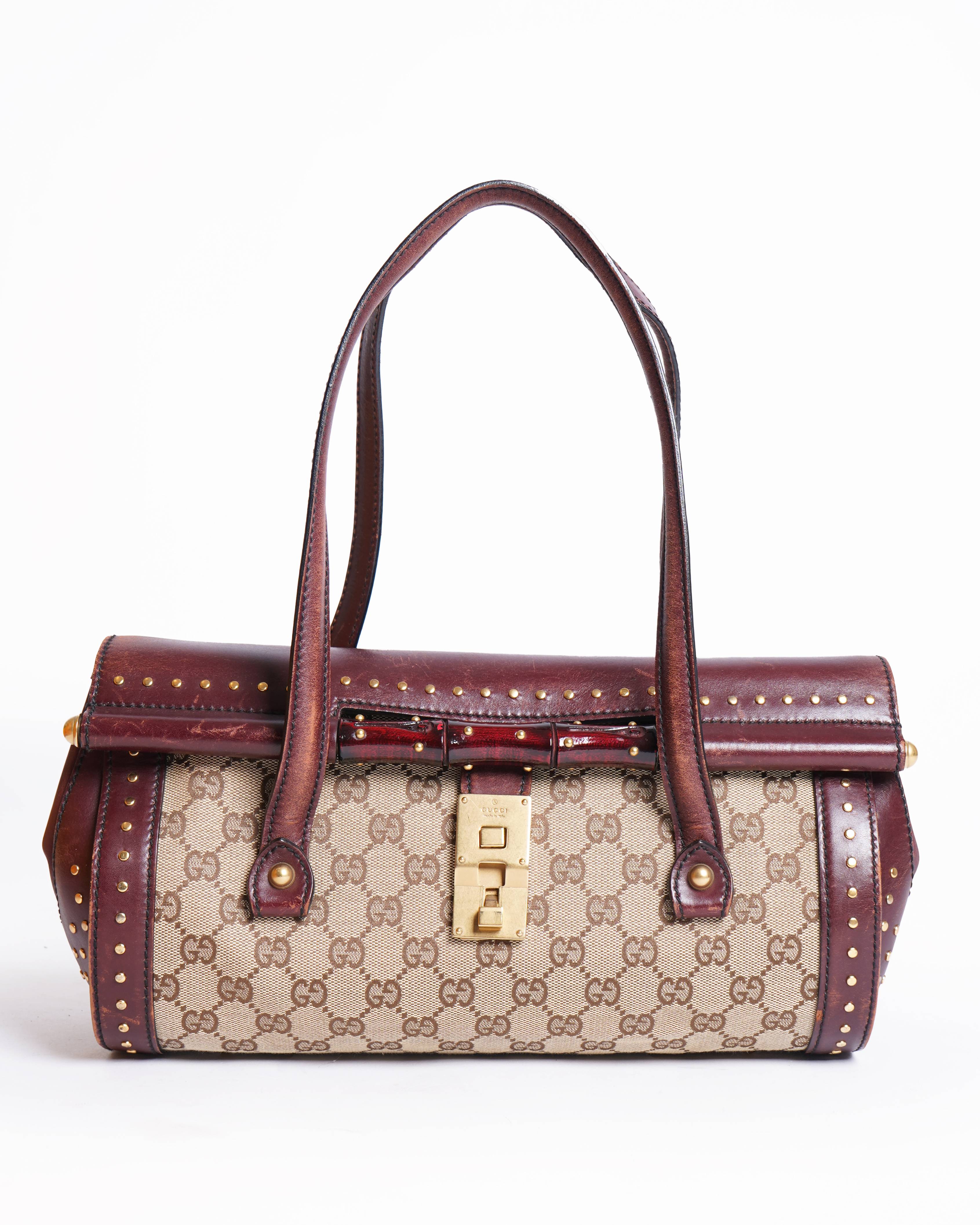 Gucci GG Canvas Beige & Maroon Bamboo Shoulder Bag