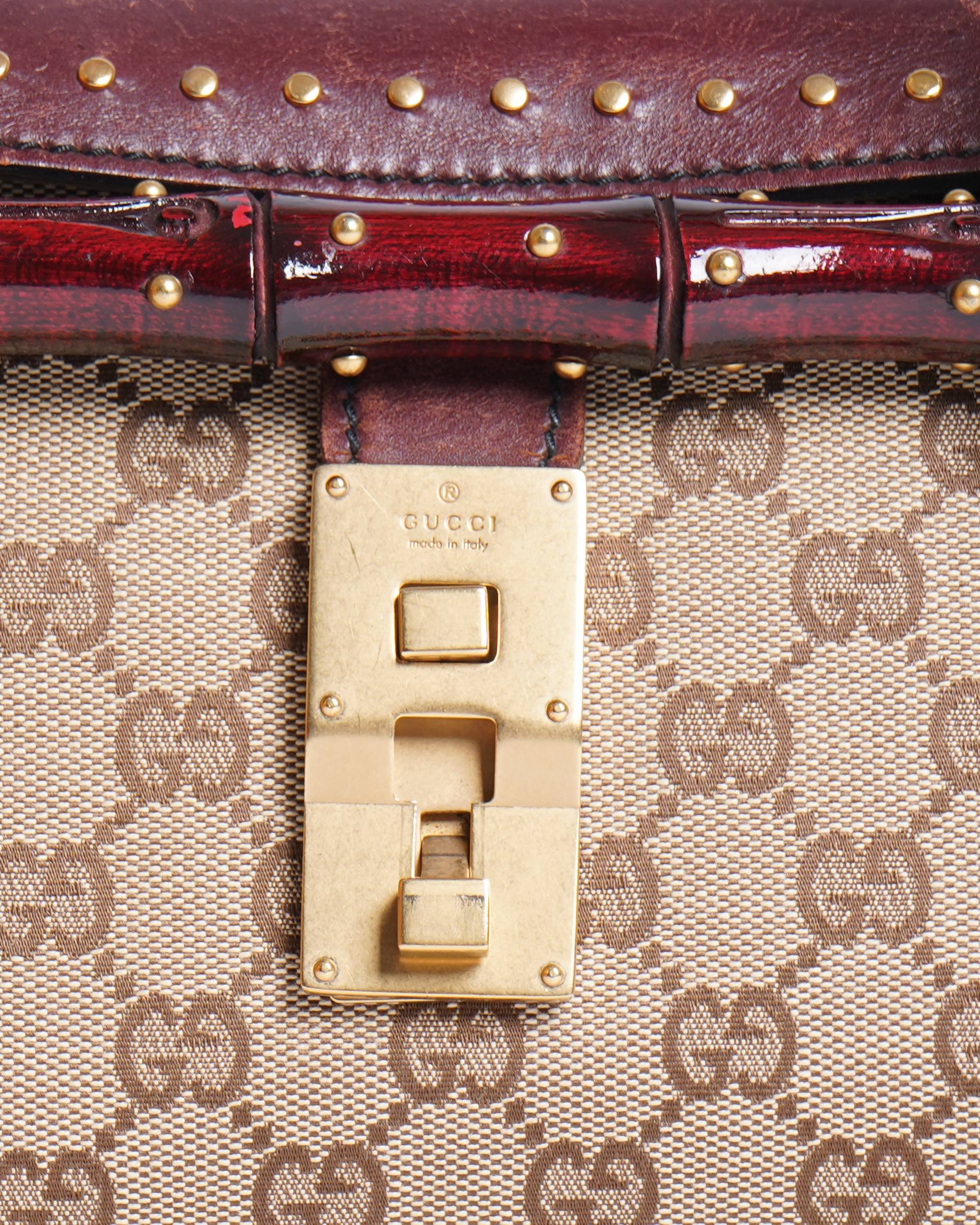 Gucci GG Canvas Beige & Maroon Bamboo Shoulder Bag