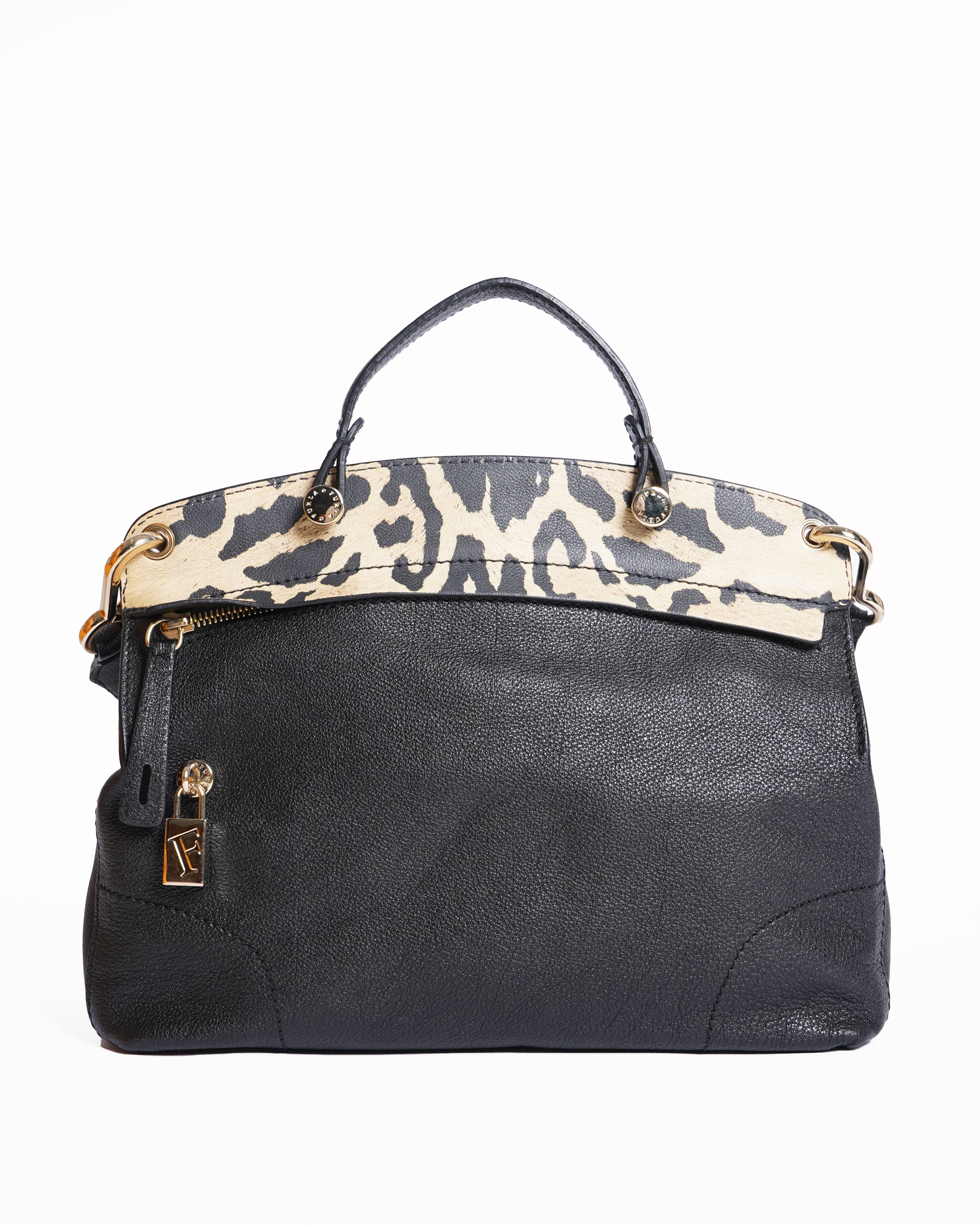Furla Black/Animal Print Leather Piper Dome Satchel Handbag