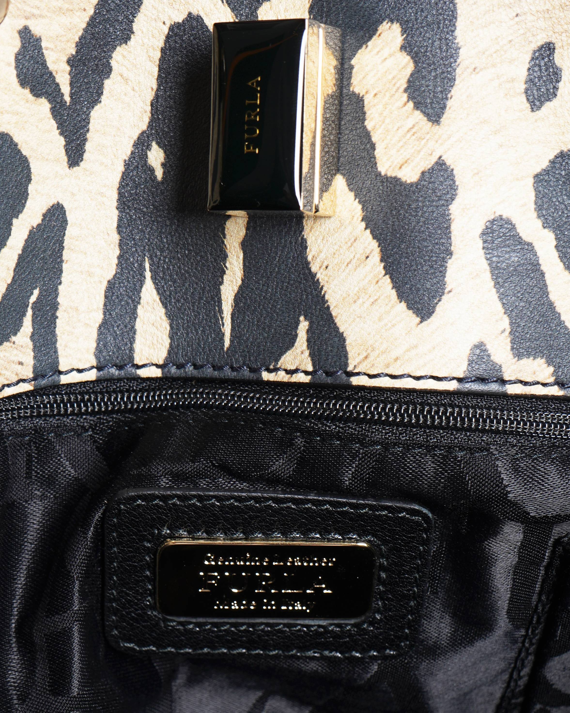 Furla Black/Animal Print Leather Piper Dome Satchel Handbag