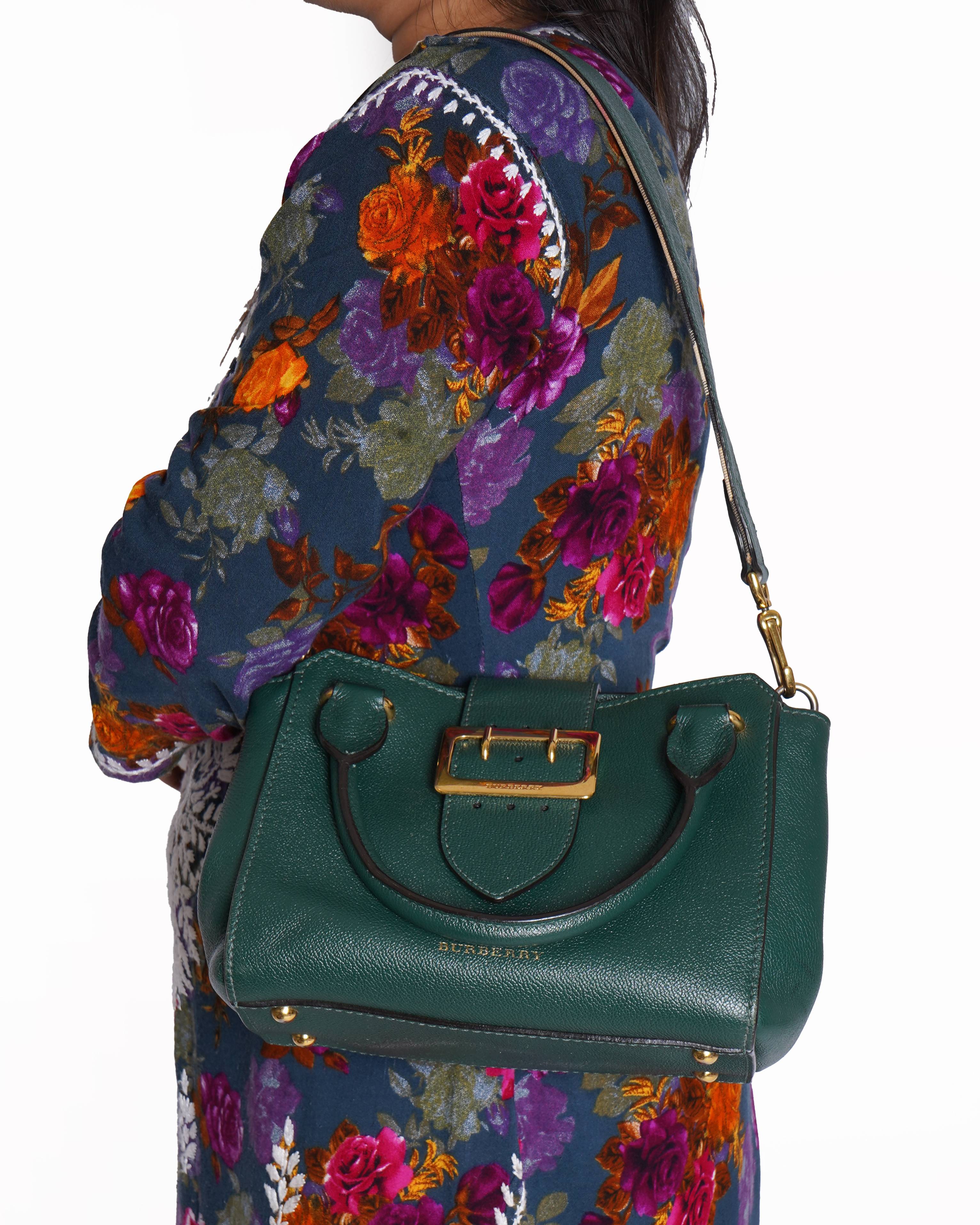 Burberry Green Grained Leather Medium Buckle Tote Bag