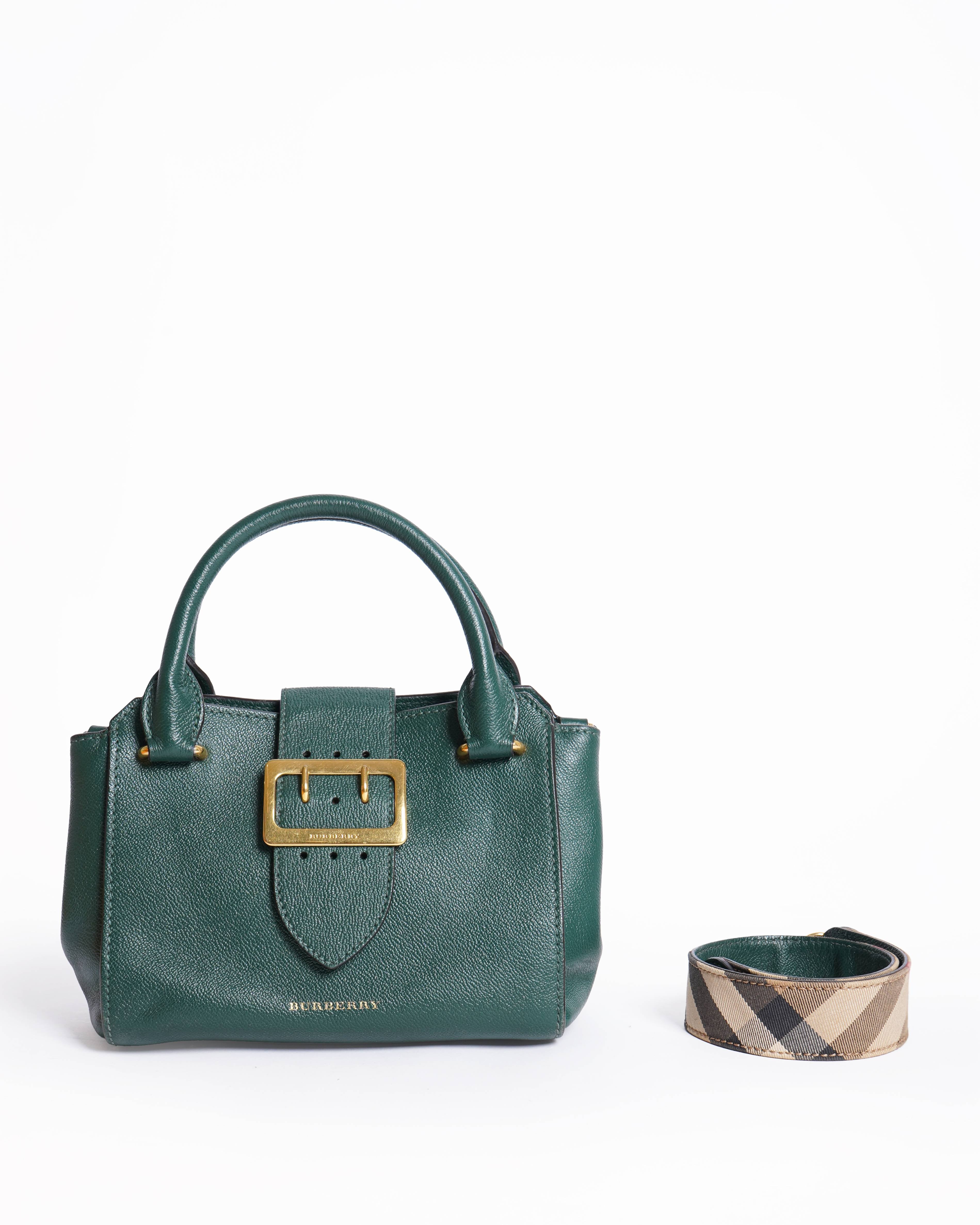 Burberry Green Grained Leather Medium Buckle Tote Bag