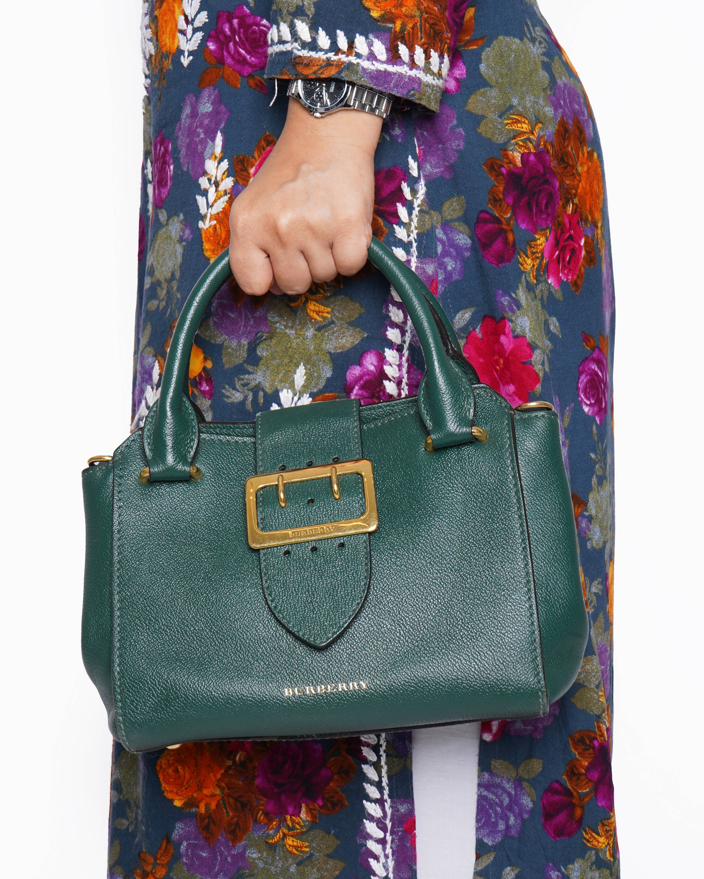 Burberry Green Grained Leather Medium Buckle Tote Bag