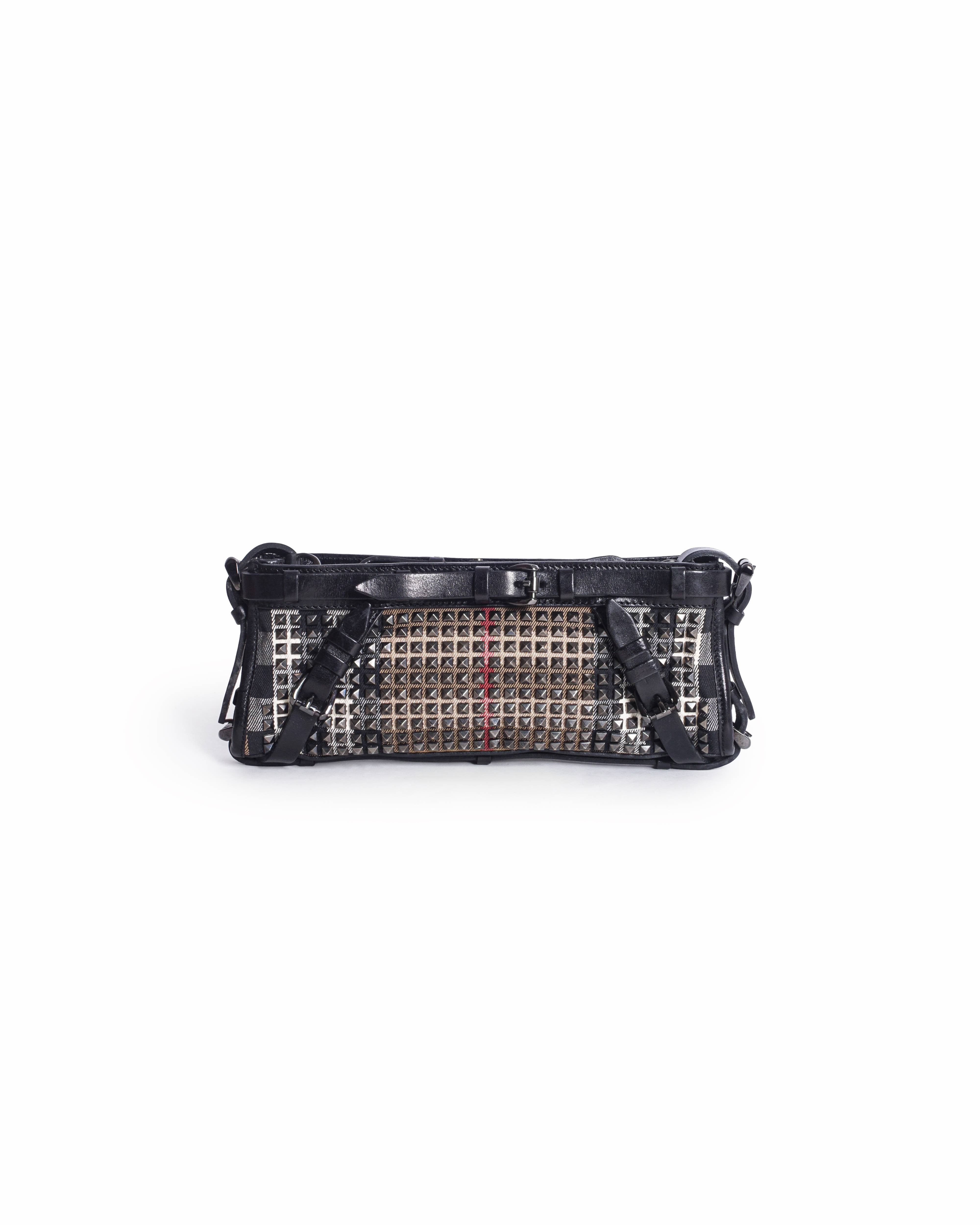 Burberry Studded Nova Check Canvas Barrel Clutch Bag