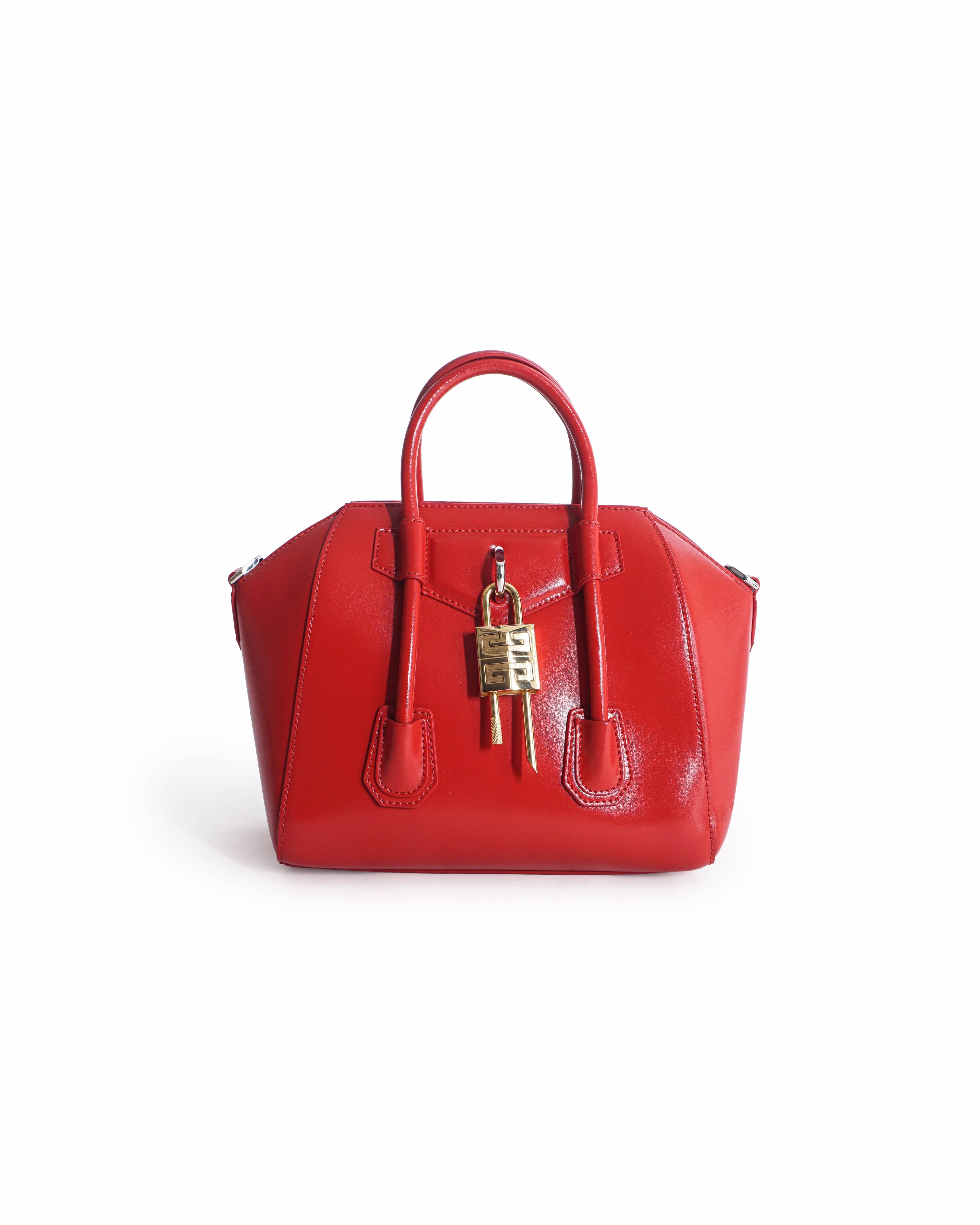Givenchy Antigona Lock Red Top Handle Bag with Gold Padlock Charm