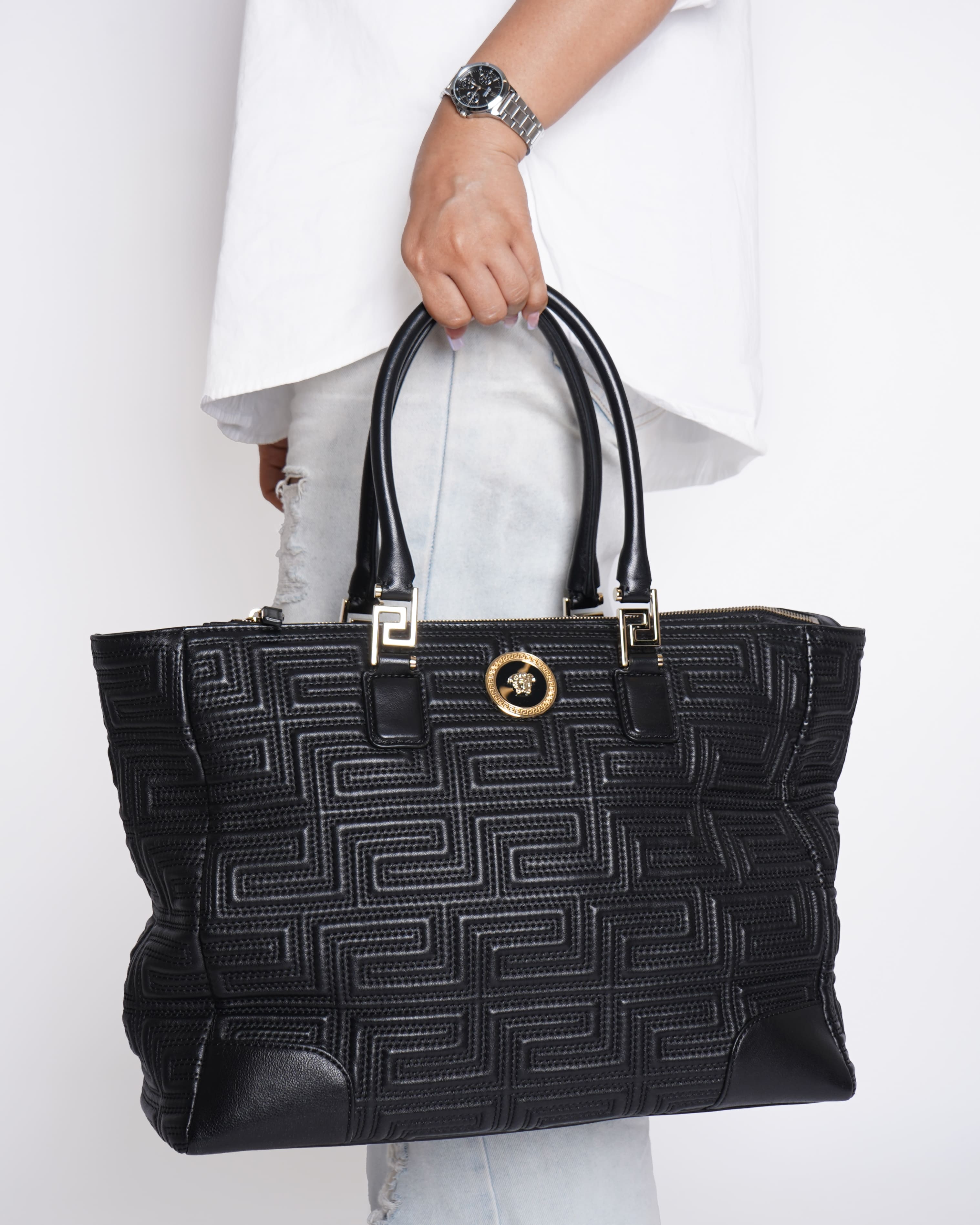 Versace Quilted Top Handle Shoulder Bag In Black