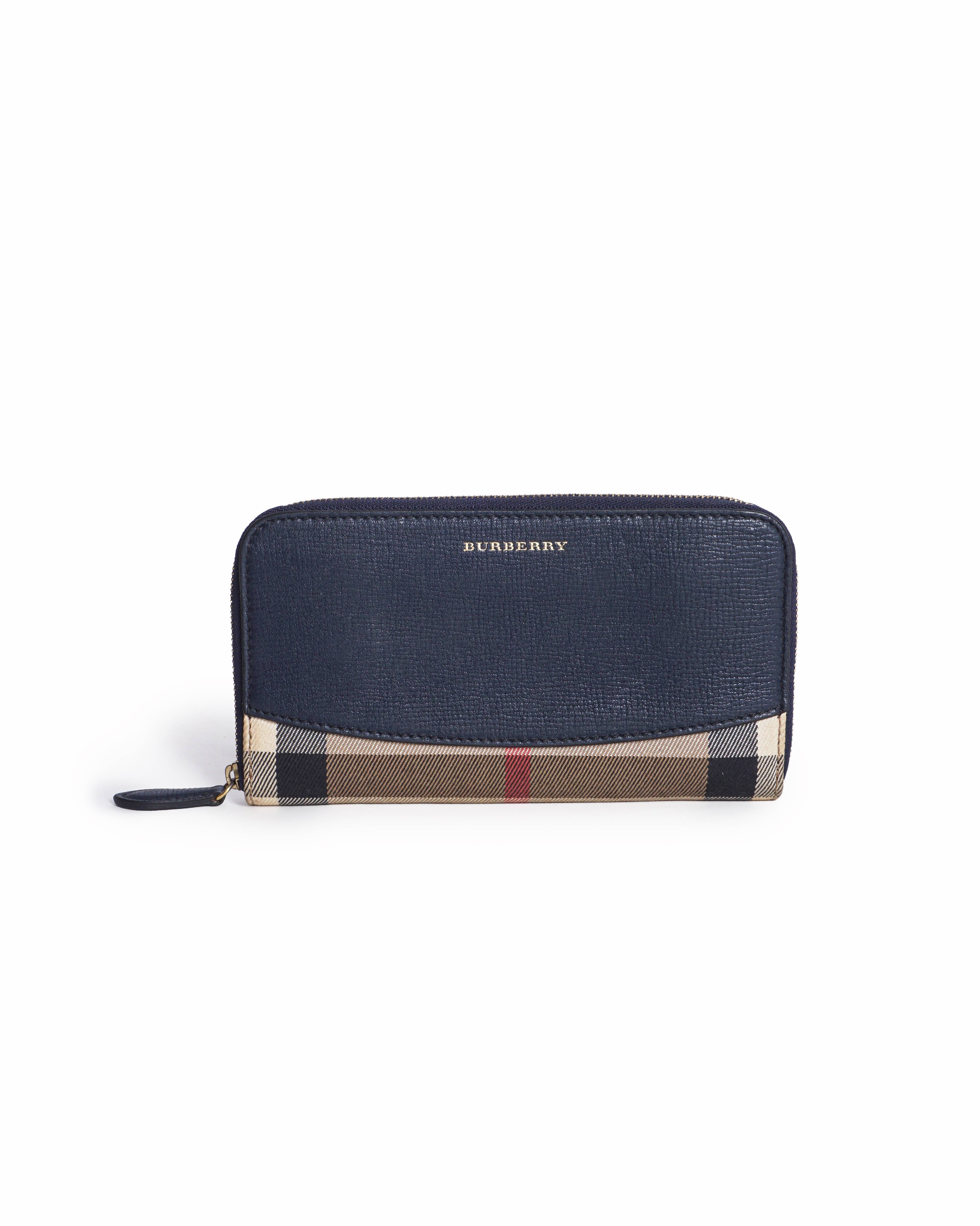 Burberry House Check and Navy Blue Grain Leather Zip-Around Wallet