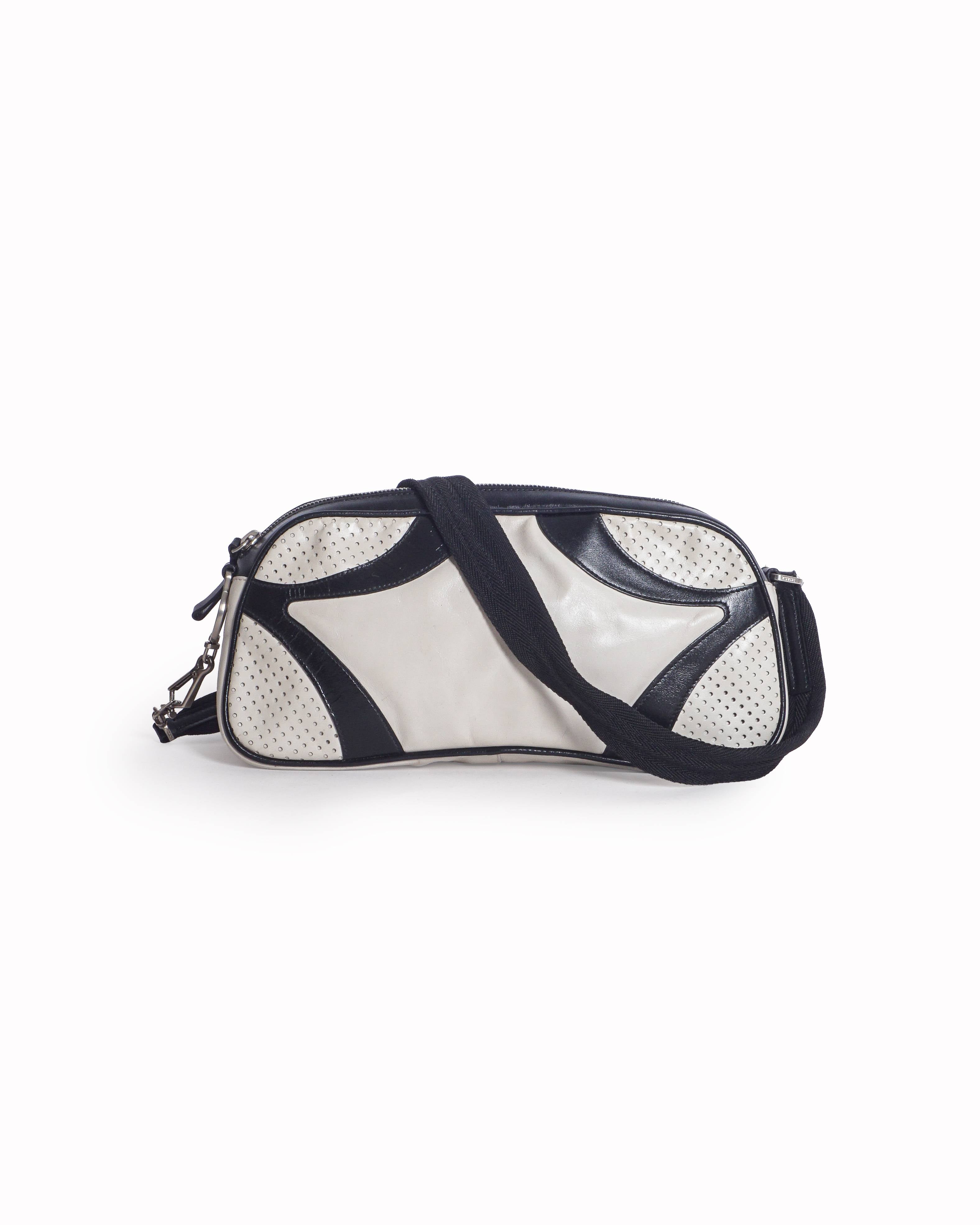 Prada Black and White Vitello Drive Perforated Leather Bowling Bag