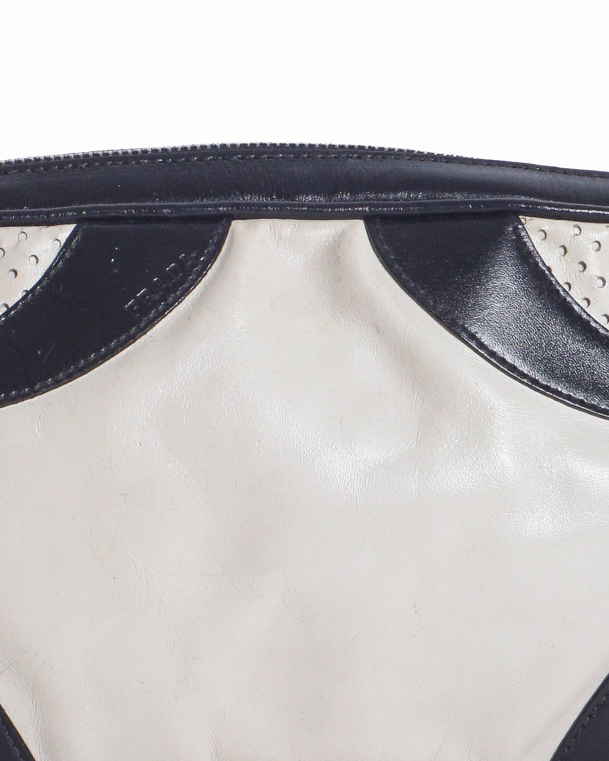 Prada Black and White Vitello Drive Perforated Leather Bowling Bag