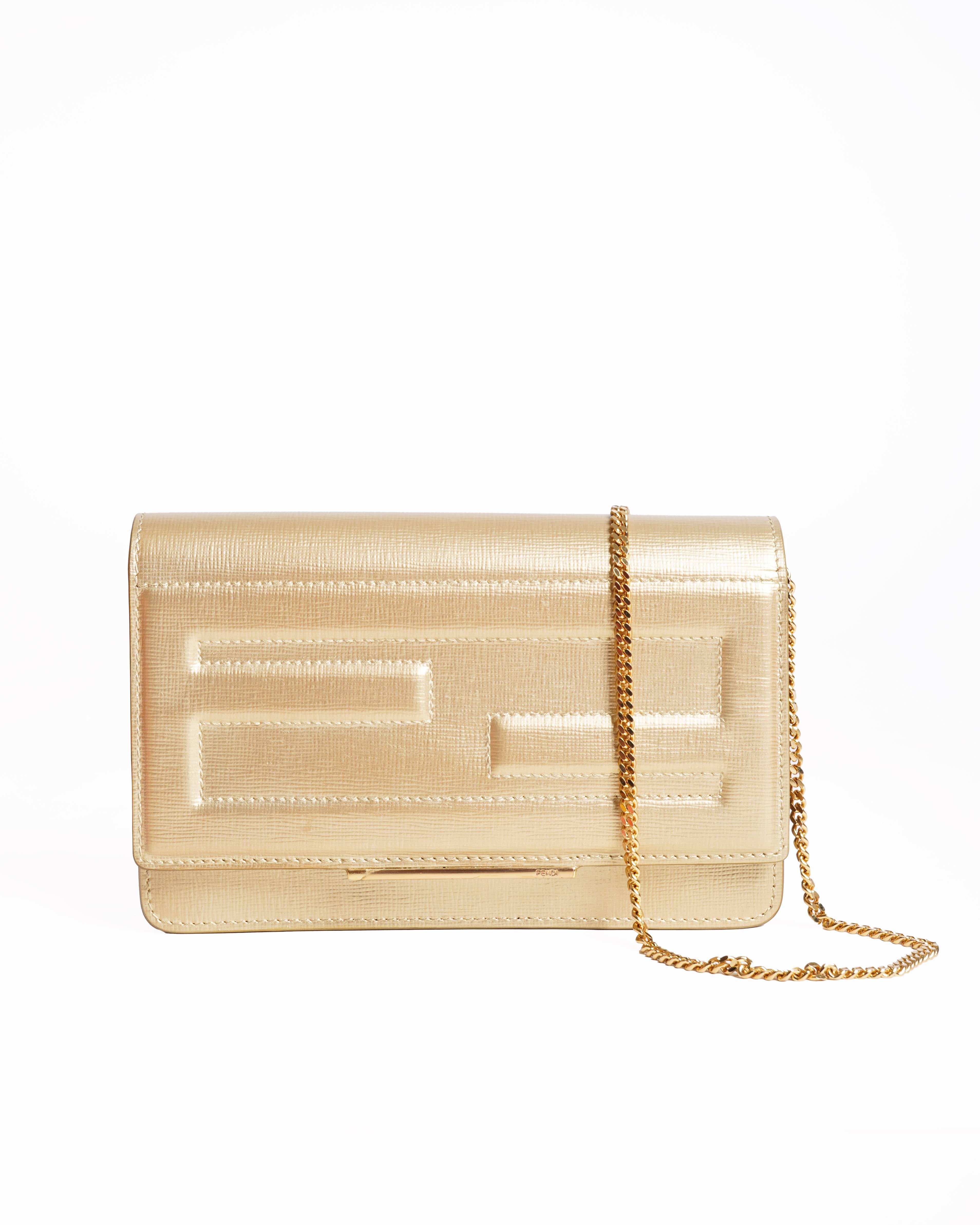 Fendi gold leather tube wallet on chain