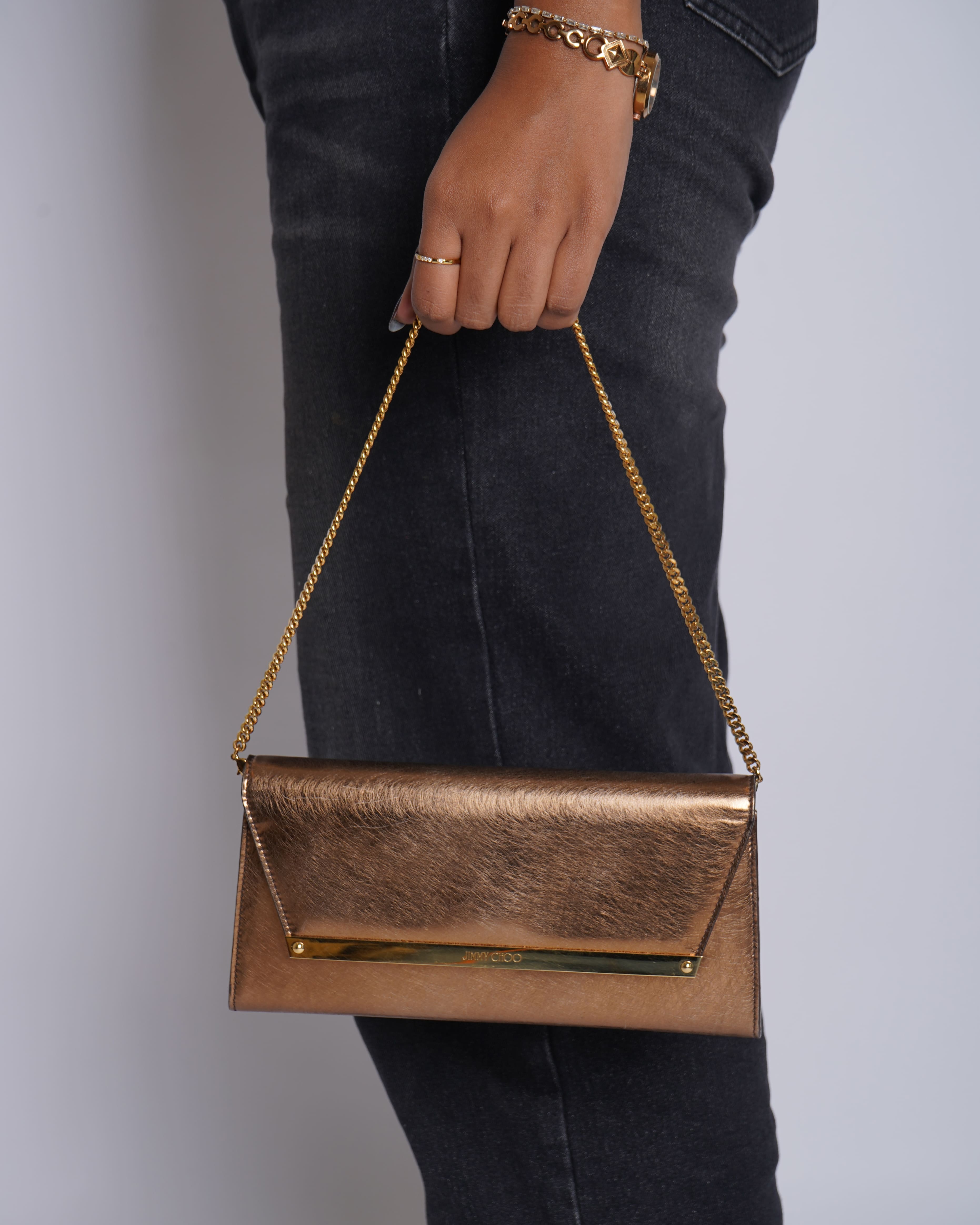 Jimmy Choo Cany Metallic Gold-Tone Clutch with Chain Strap