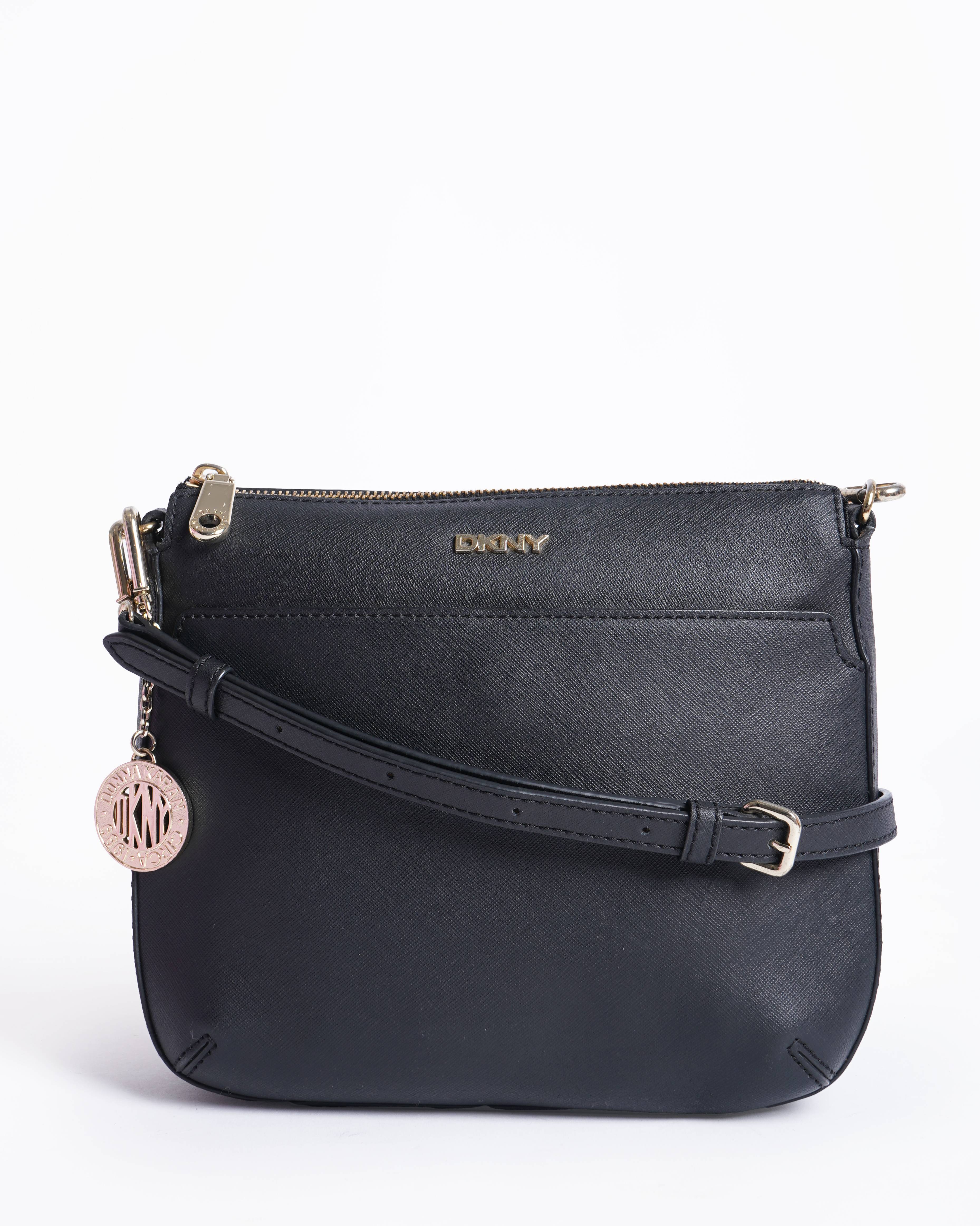 DKNY Black Leather Top Zip Crossbody Bag