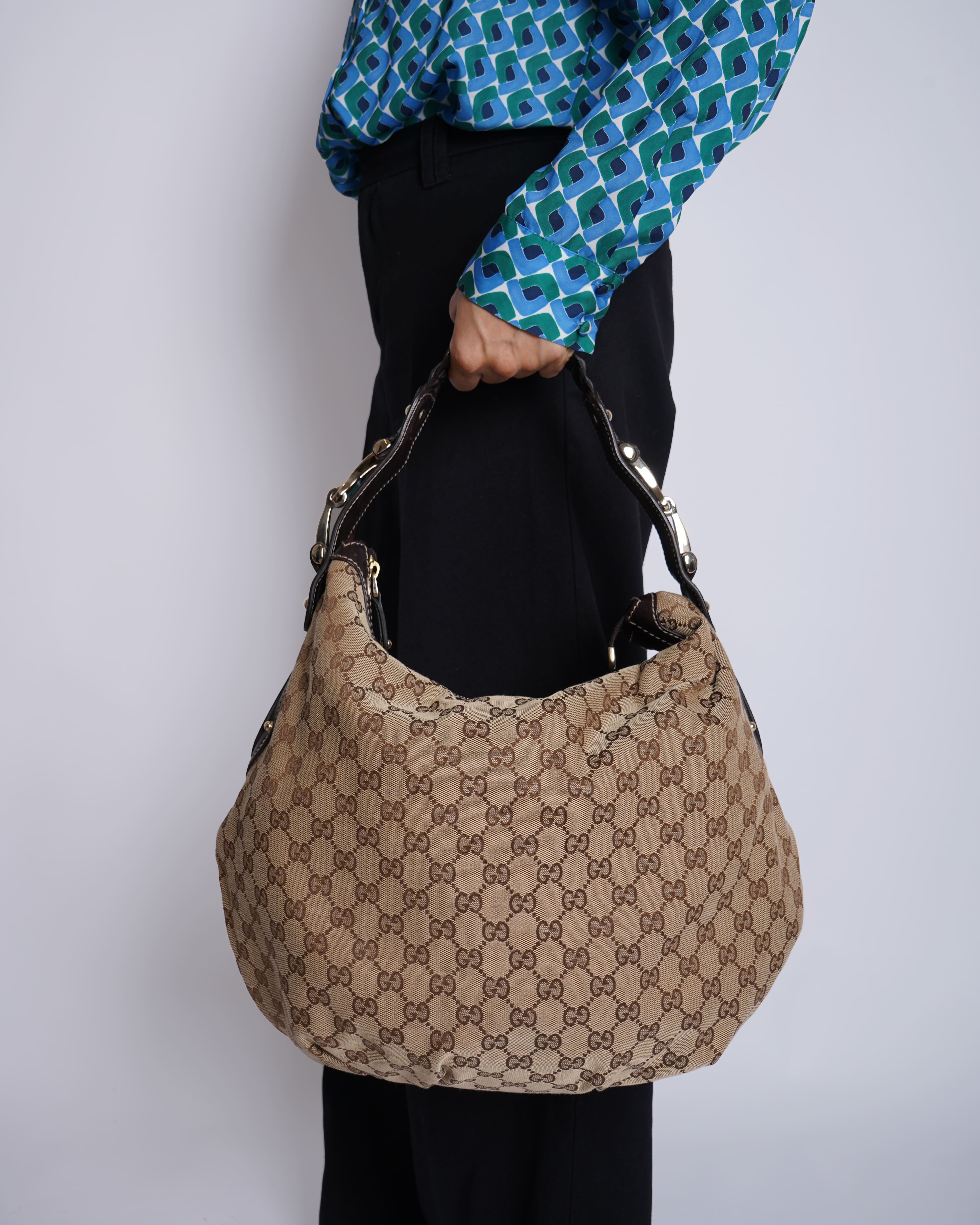 Gucci Beige/Dark Brown GG Canvas and Leather Medium Pelham Hobo