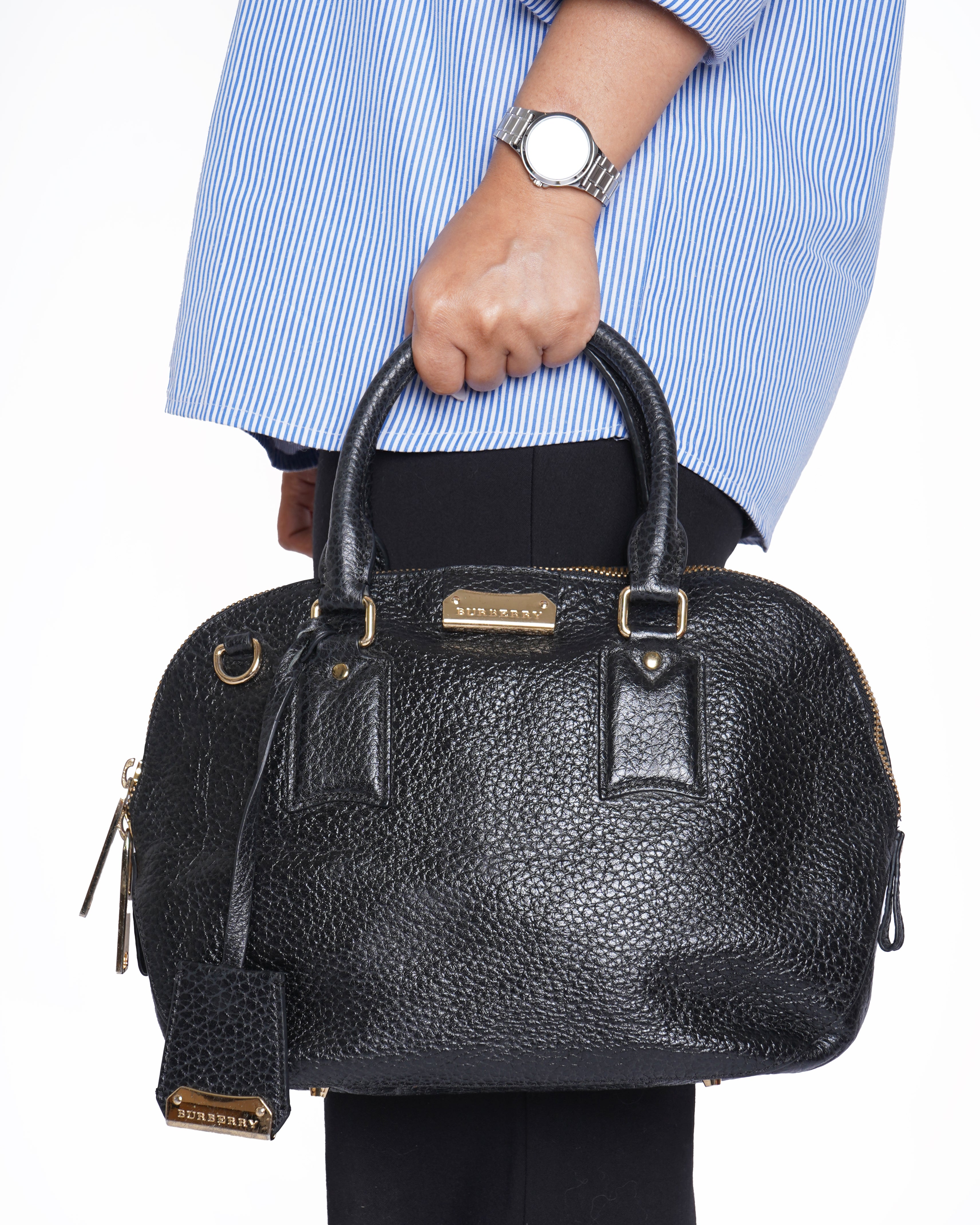 Burberry Pebbled Leather Orchard Top Handle Bag WIth Shoulder Strap