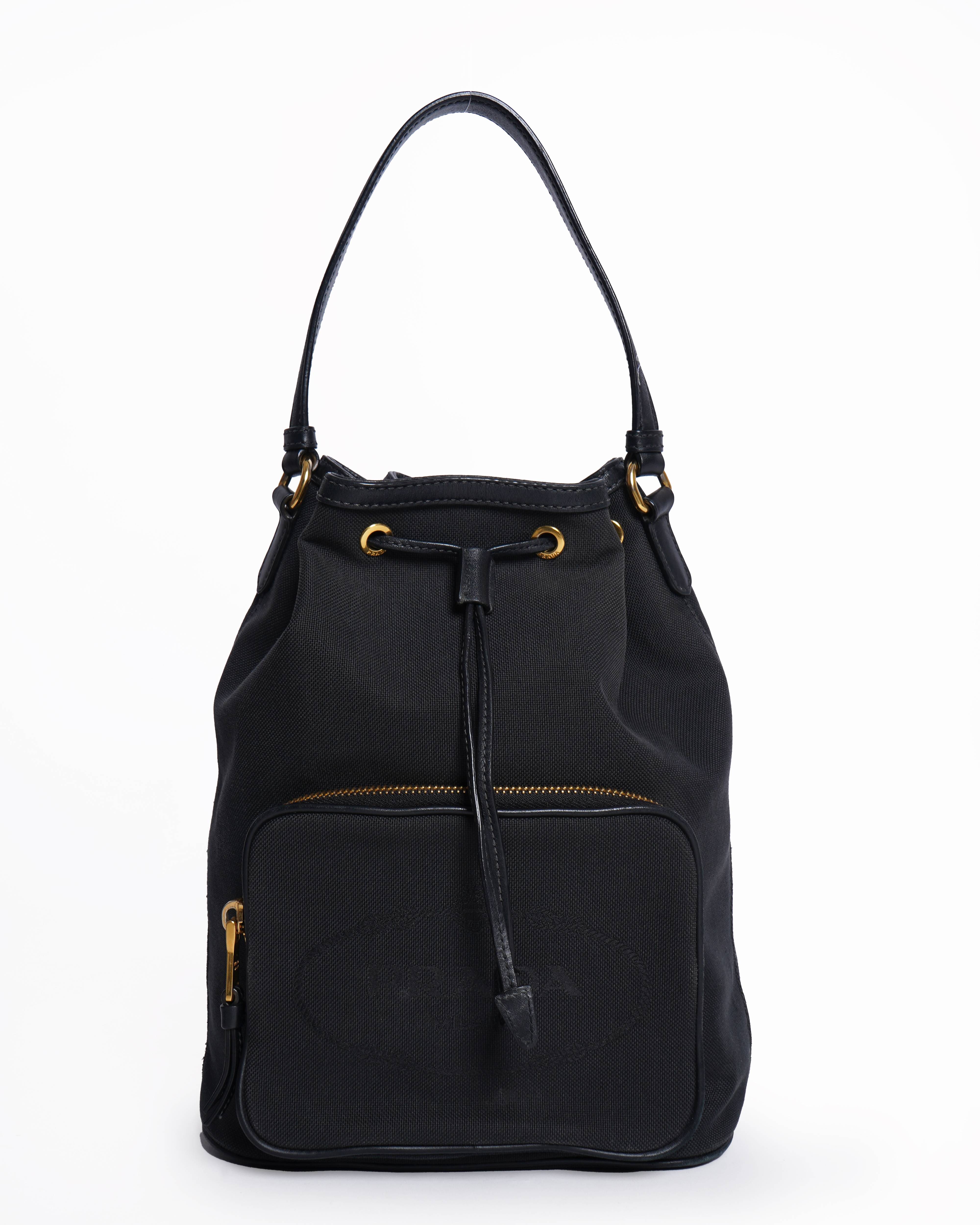 Prada black logo jacquard canvas and leather trim bucket bag