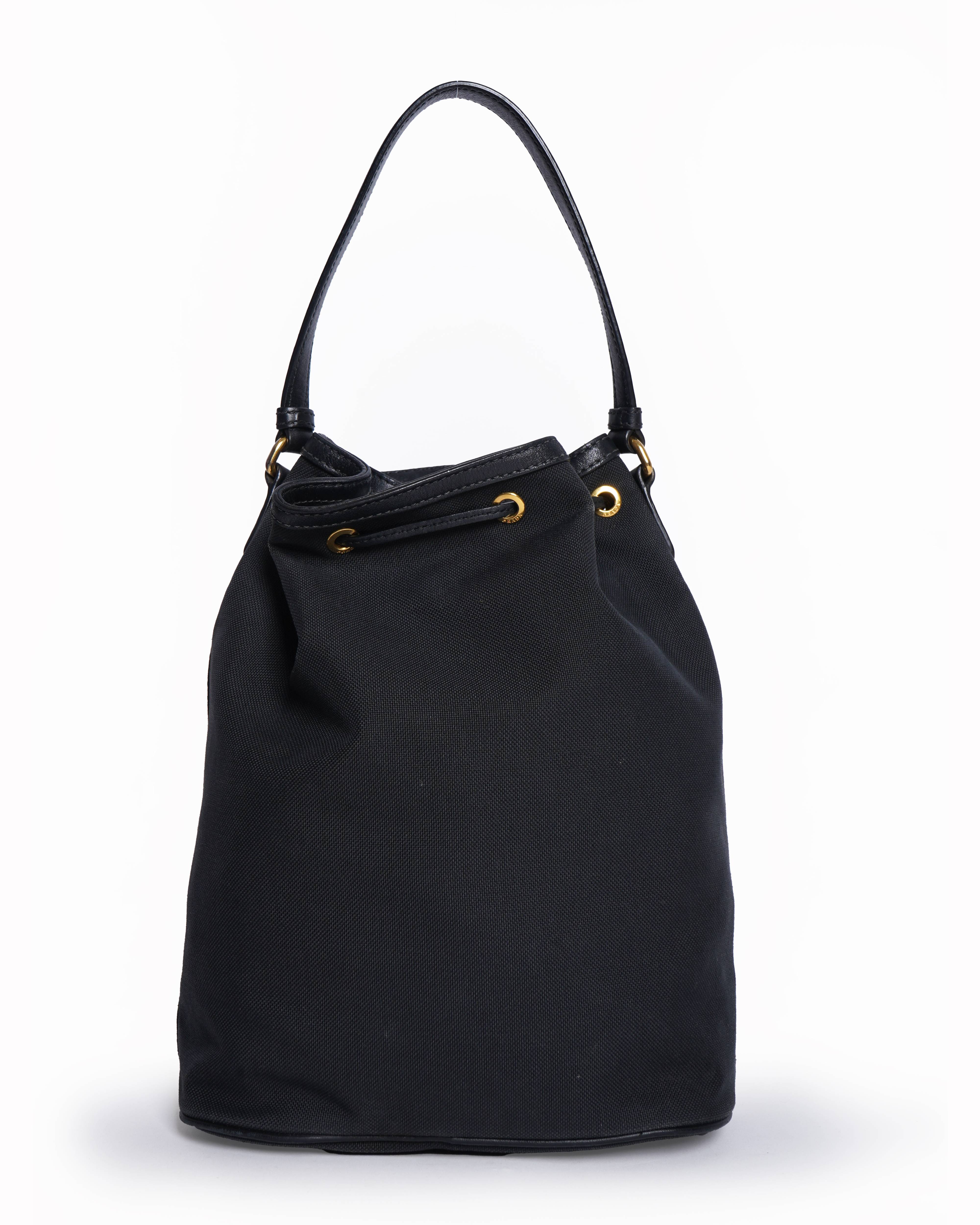 Prada black logo jacquard canvas and leather trim bucket bag