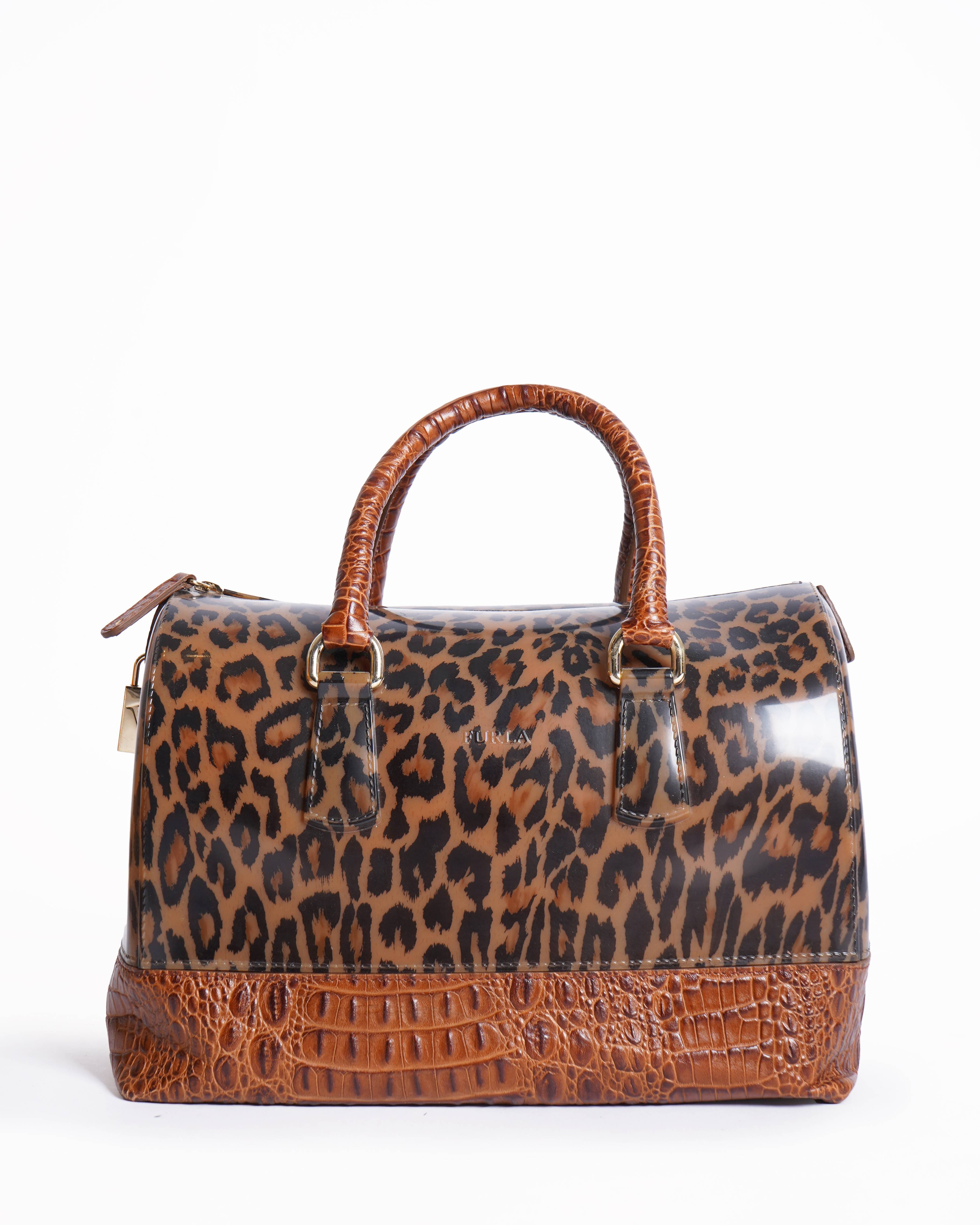 Furla Brown Leopard Print Rubber and Croc Embossed Leather Medium Candy Satchel