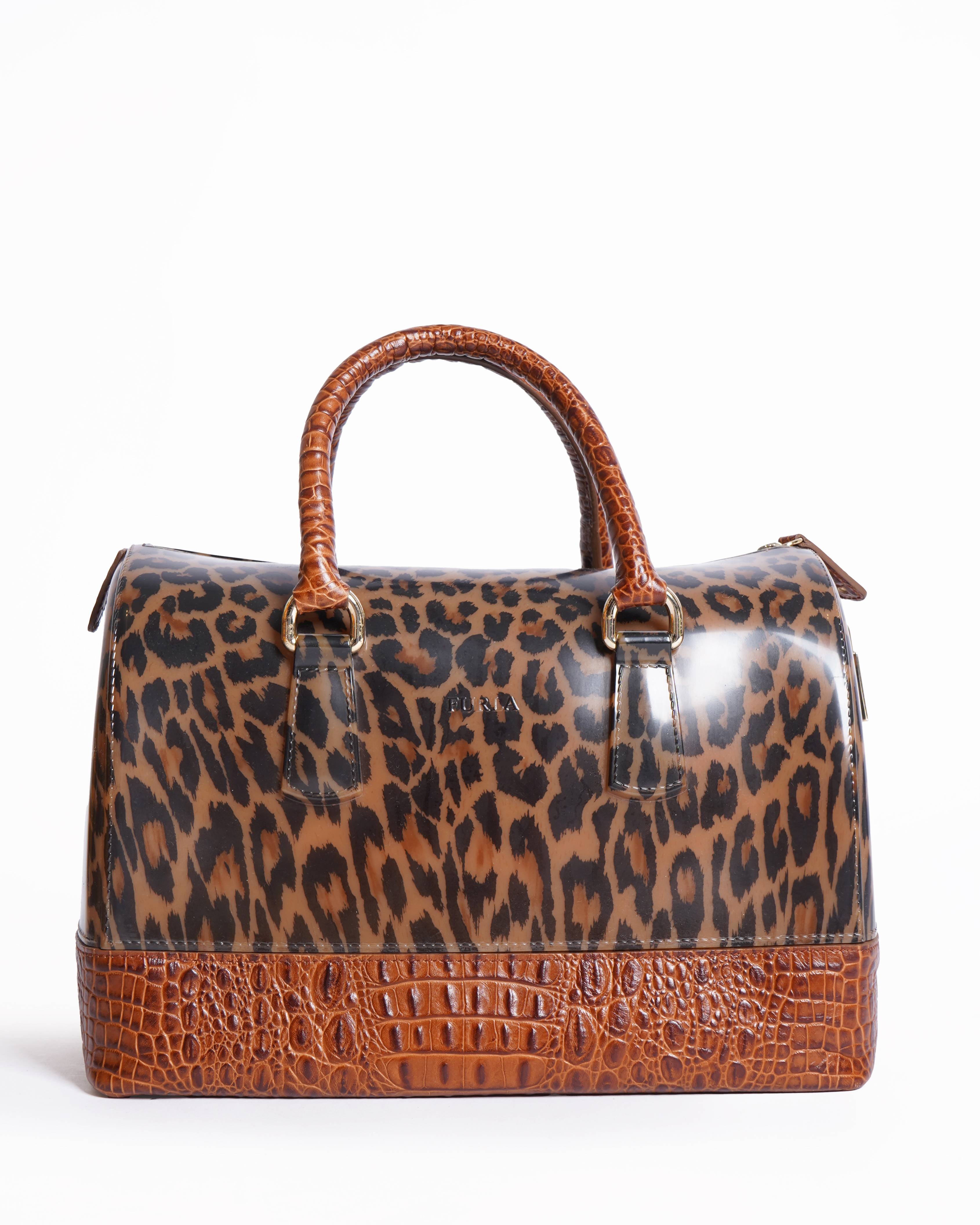 Furla Brown Leopard Print Rubber and Croc Embossed Leather Medium Candy Satchel
