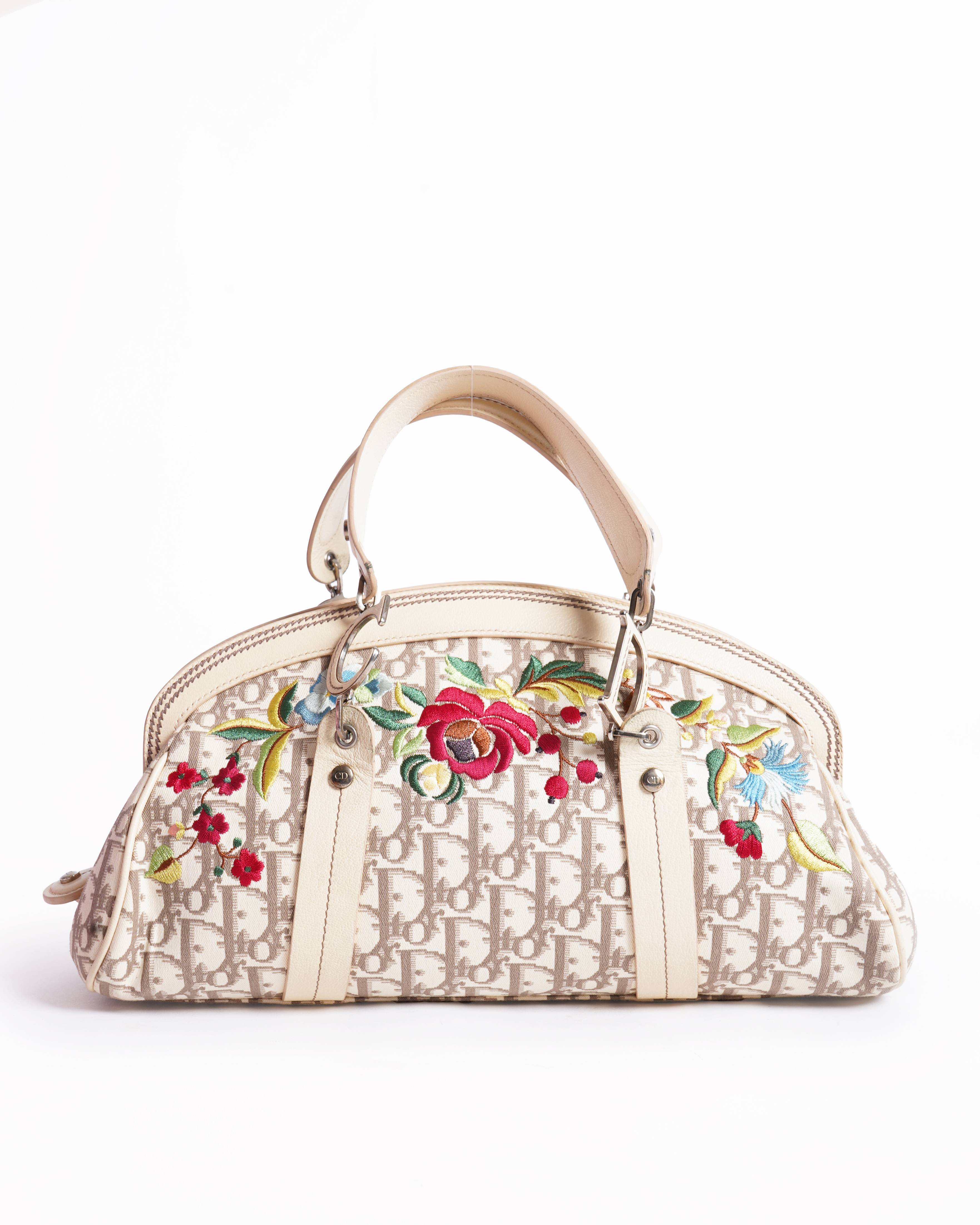 Vintage Christian Dior Diorissimo Canvas & Leather Floral Embroidered Trotter Satchel