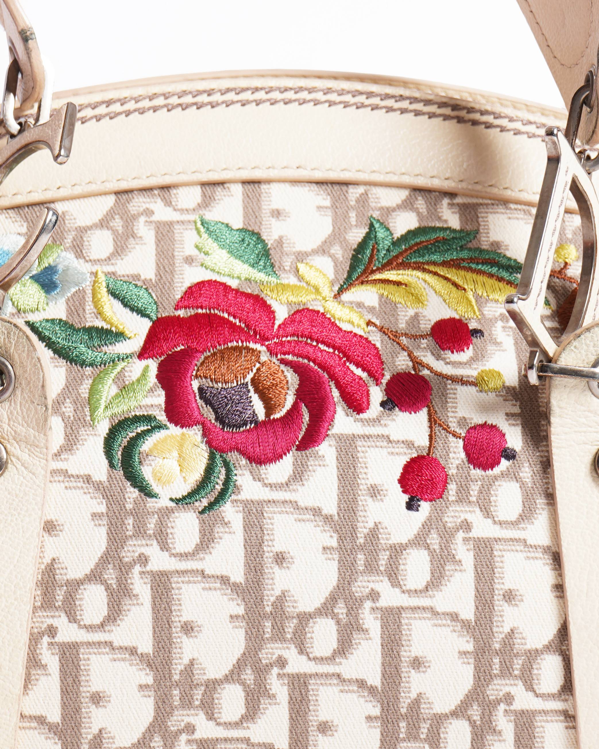 Vintage Christian Dior Diorissimo Canvas & Leather Floral Embroidered Trotter Satchel