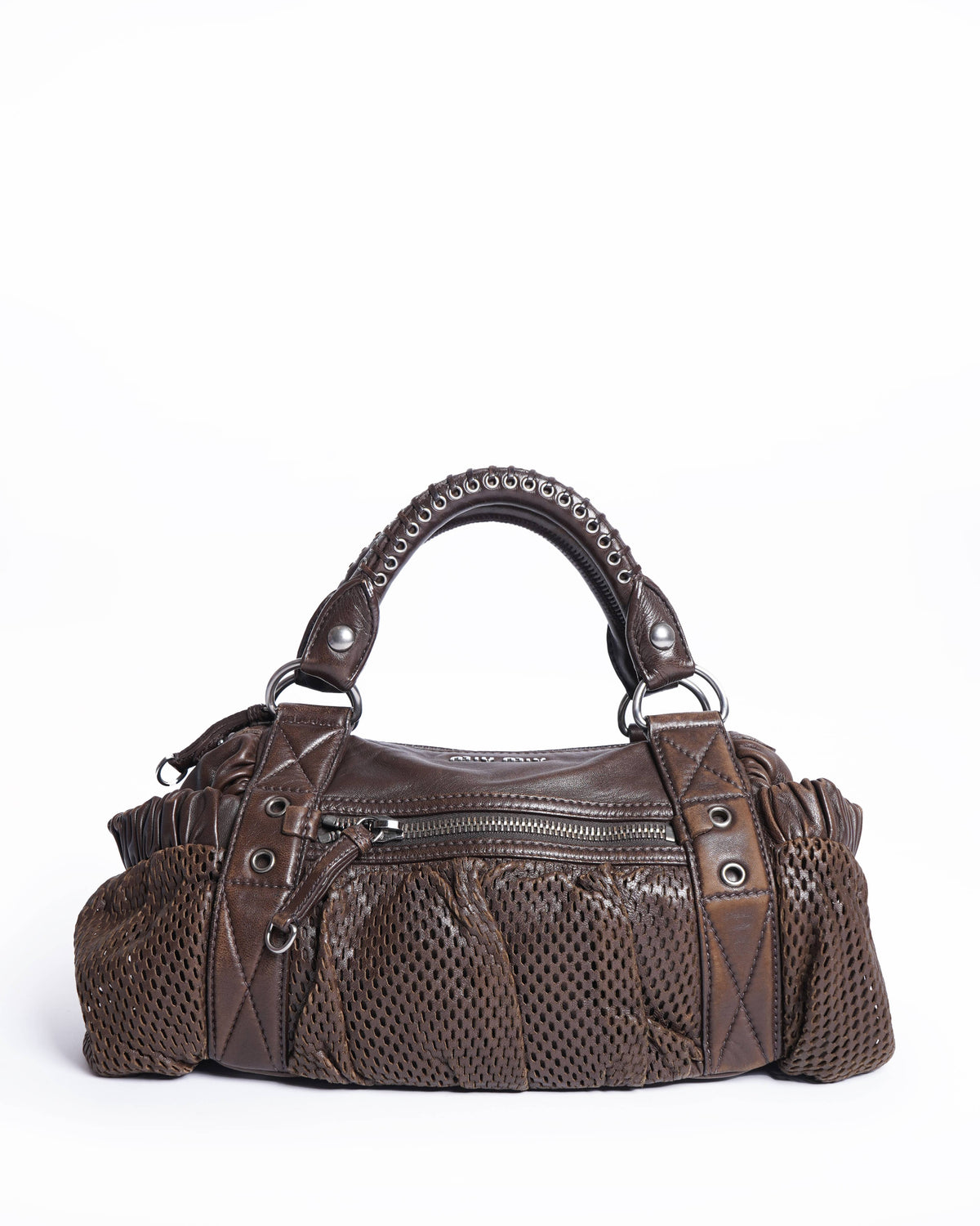 Authentic Pre-loved Miu Miu Brown Perforated Leather Shoulder Bag 