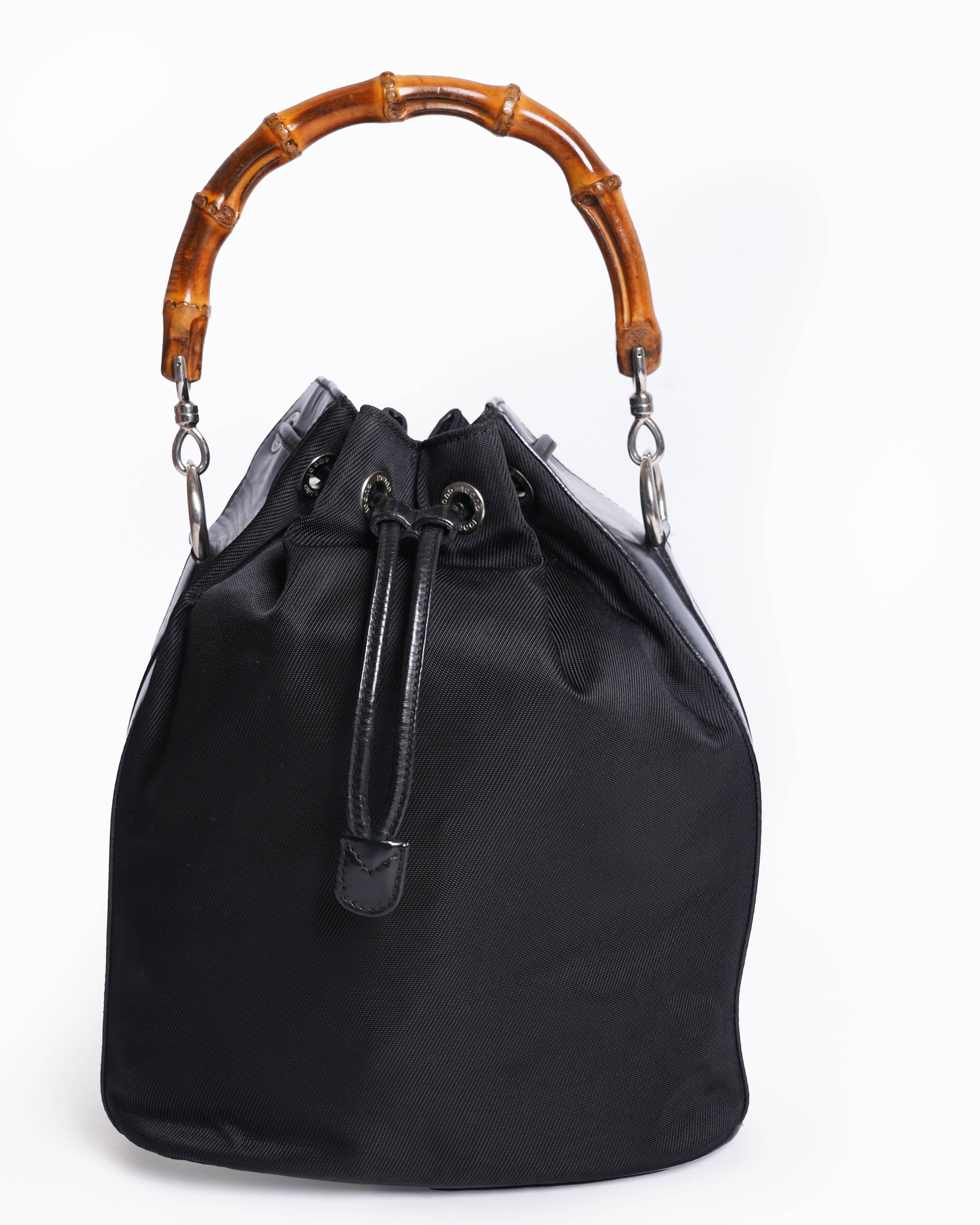 Gucci Vintage Nylon Patent Leather Bamboo Bucket Bag