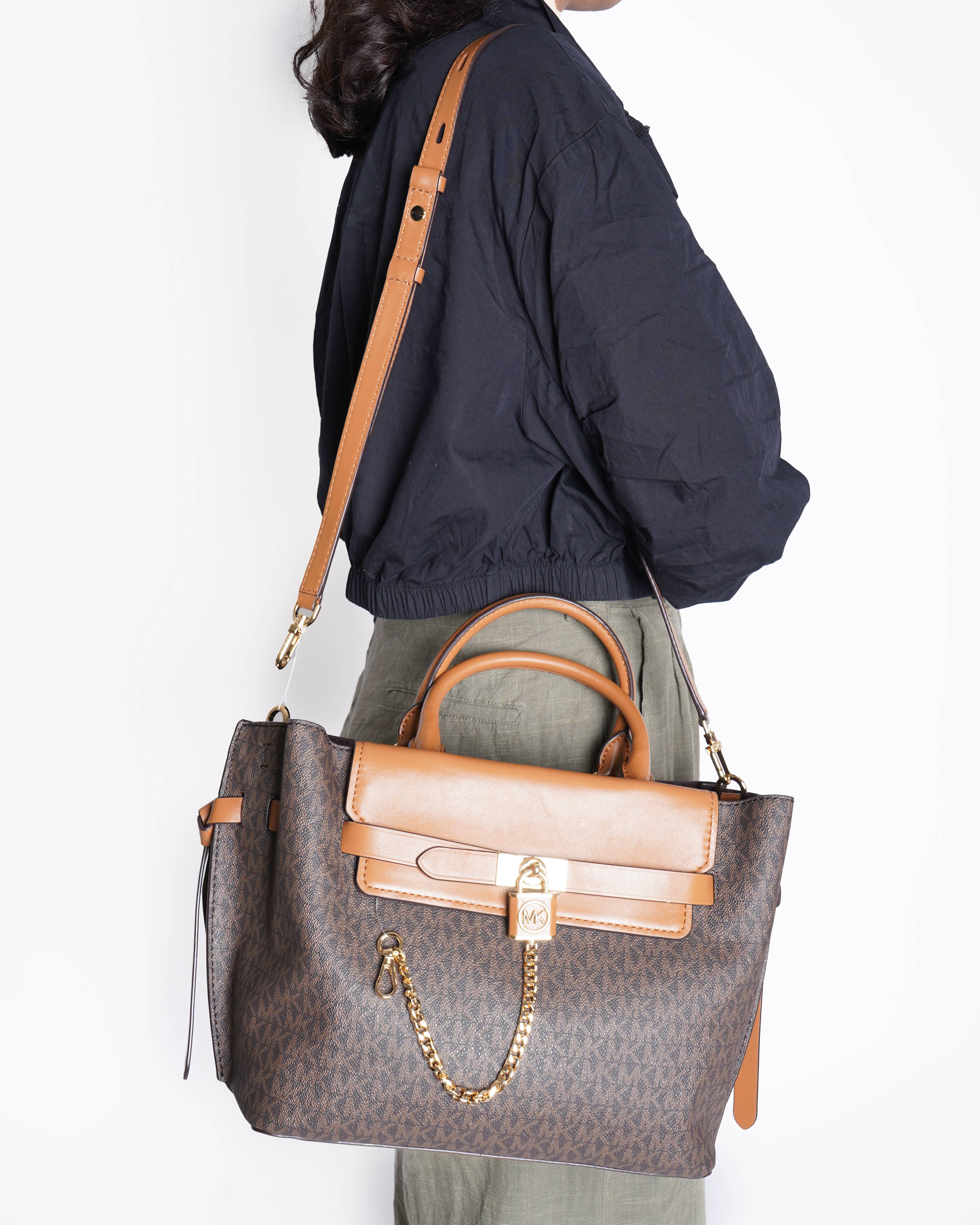 New Michael Kors Hamilton Legacy logo large belted satchel in Brown