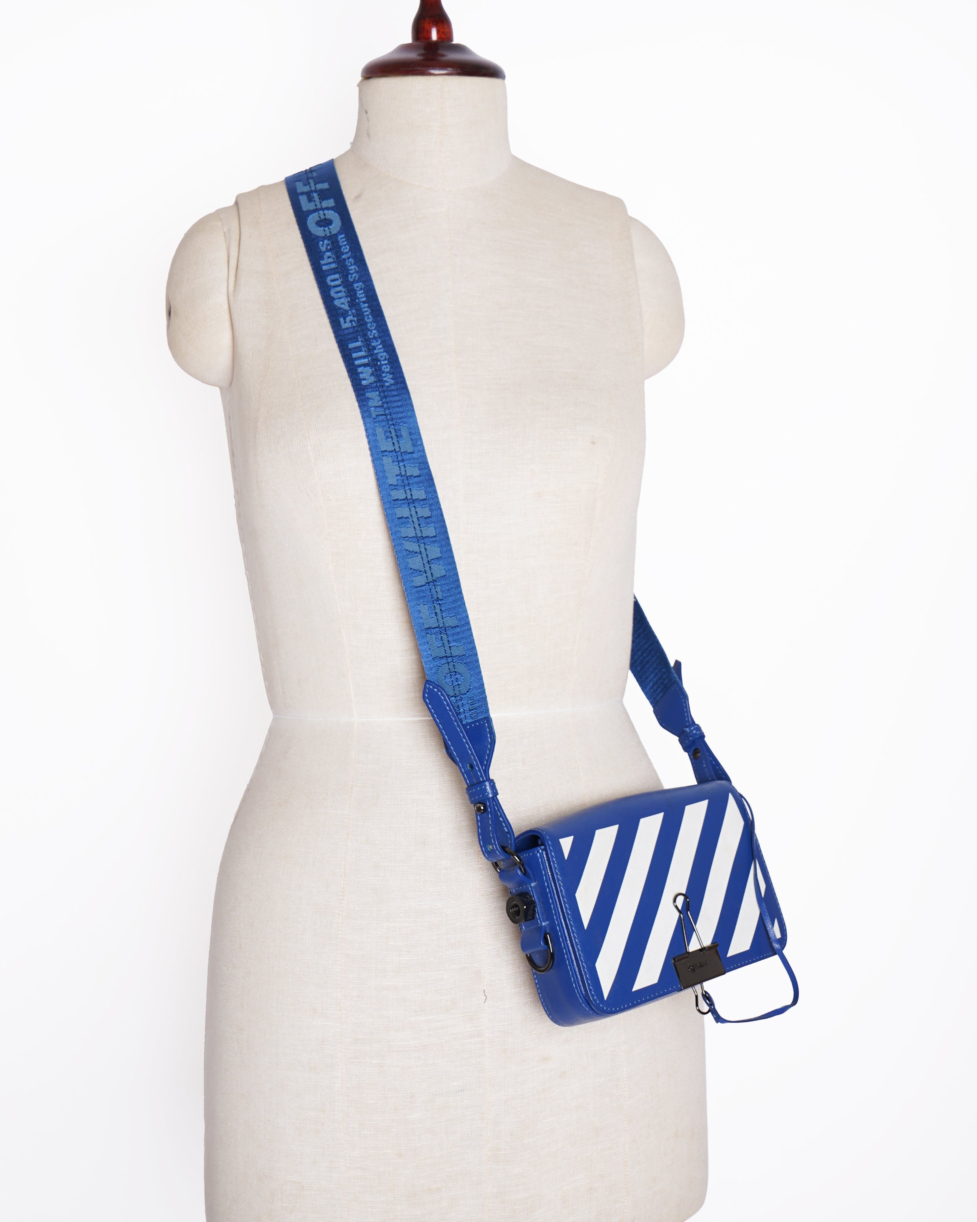 Off White Blue/White Diagonal Print Leather Binder Clip Crossbody Bag