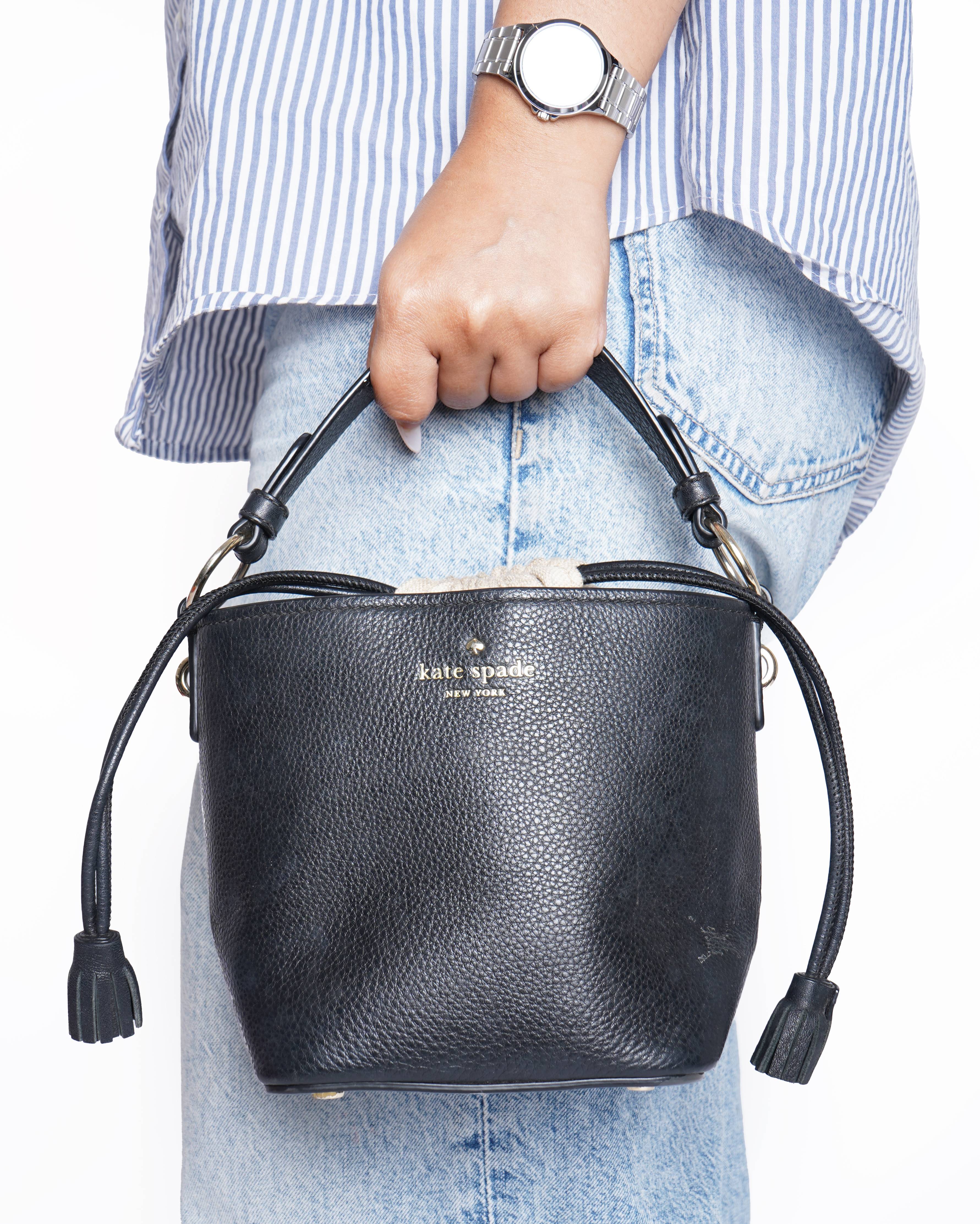 Kate Spade Black Leather Bucket Drawstring with White Lining Bag