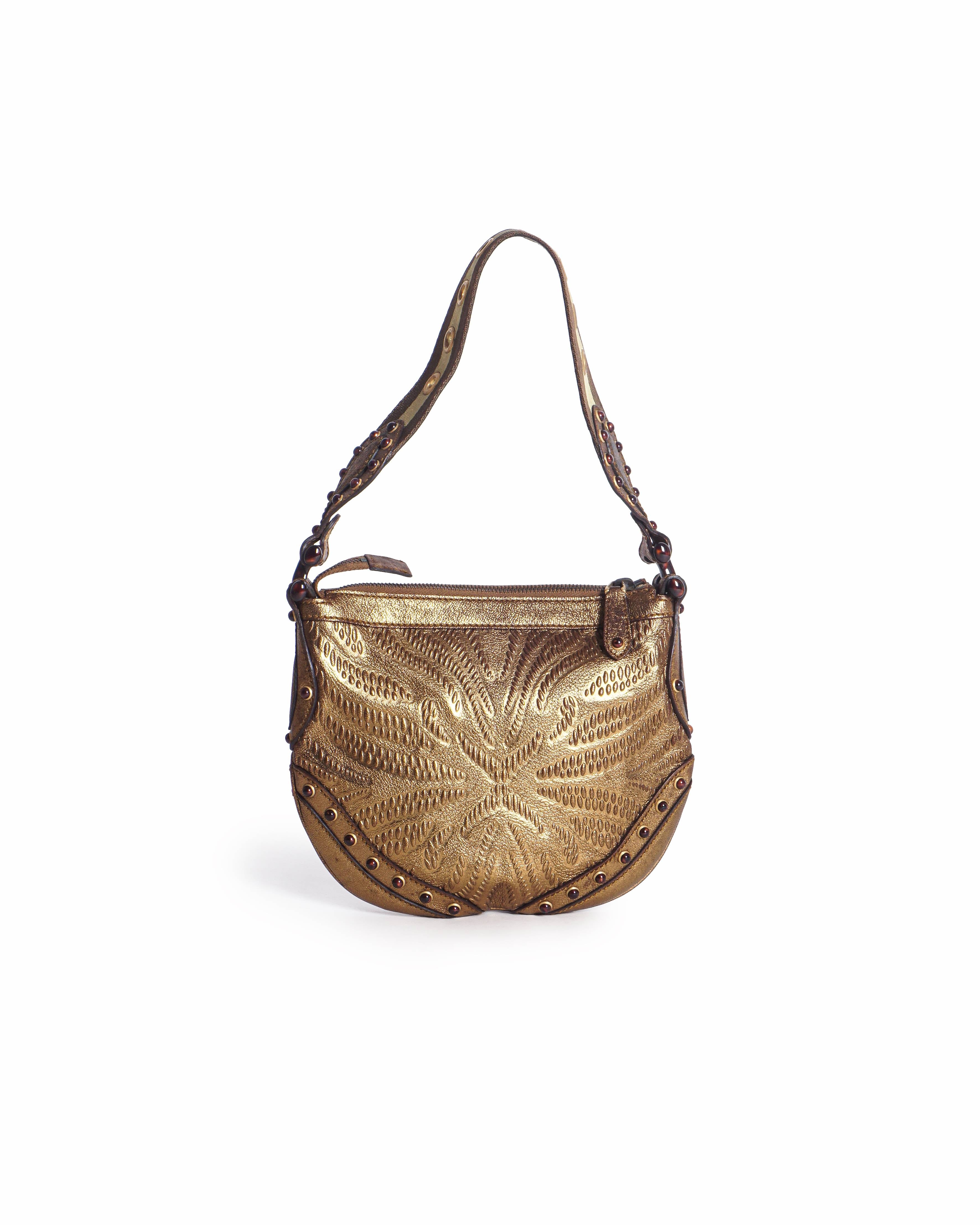 Gucci Gold Embossed Leather Studded Pelham Small Shoulder Bag