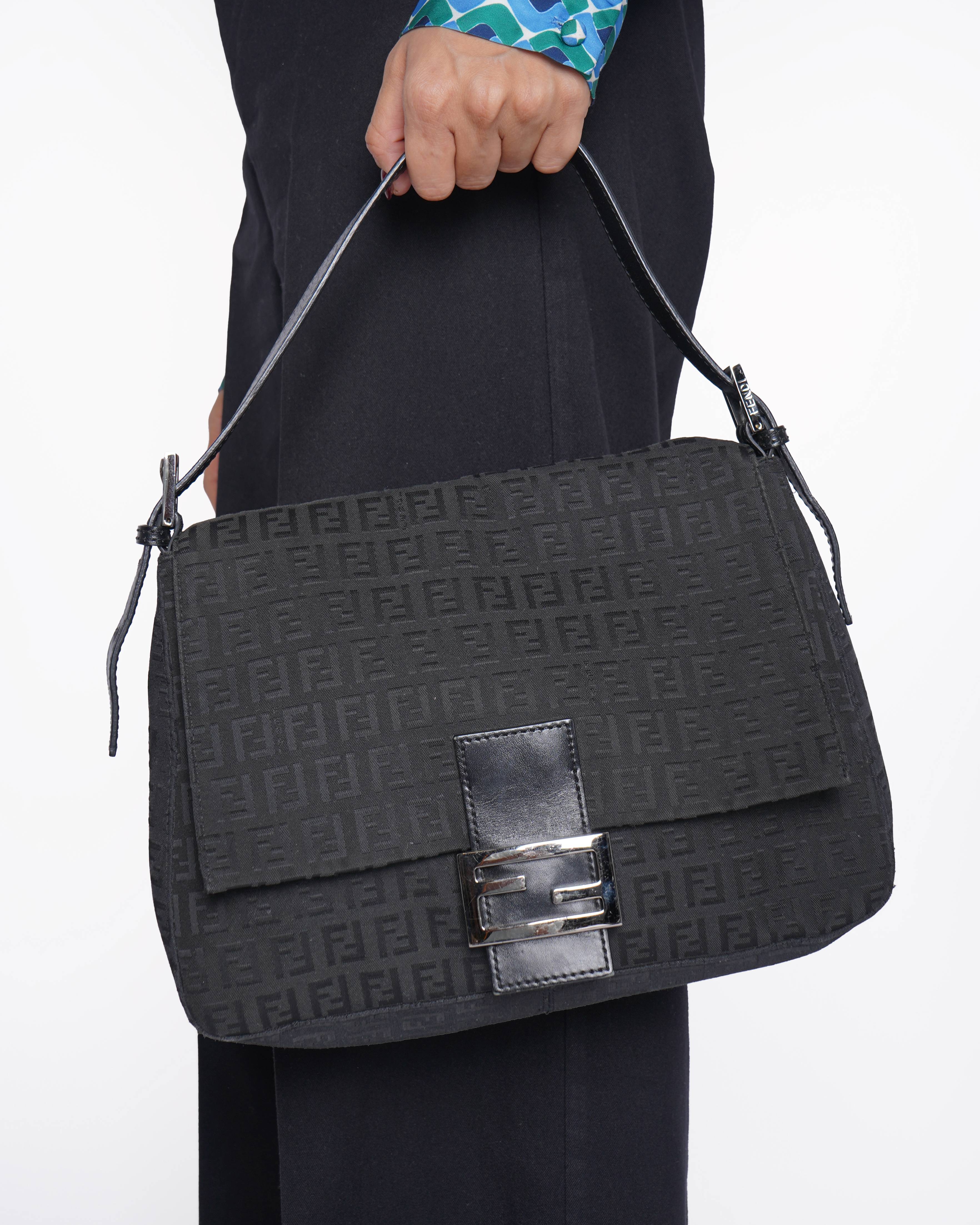 Fendi Zucchino Mama Forever Baguette Hobo Shoulder Bag In Black