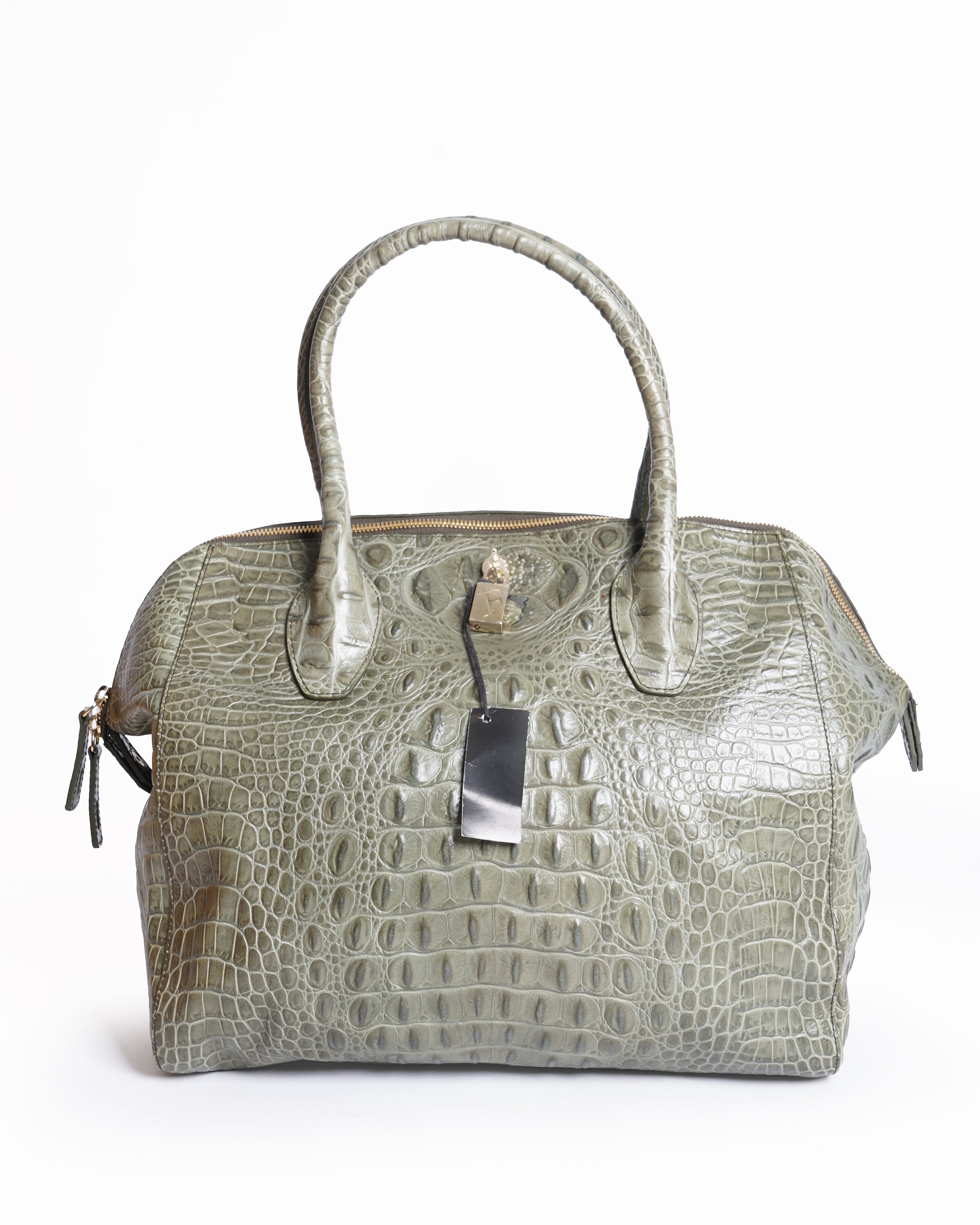 Furla Grey- Green Croc Embossed Leather Tote Bag