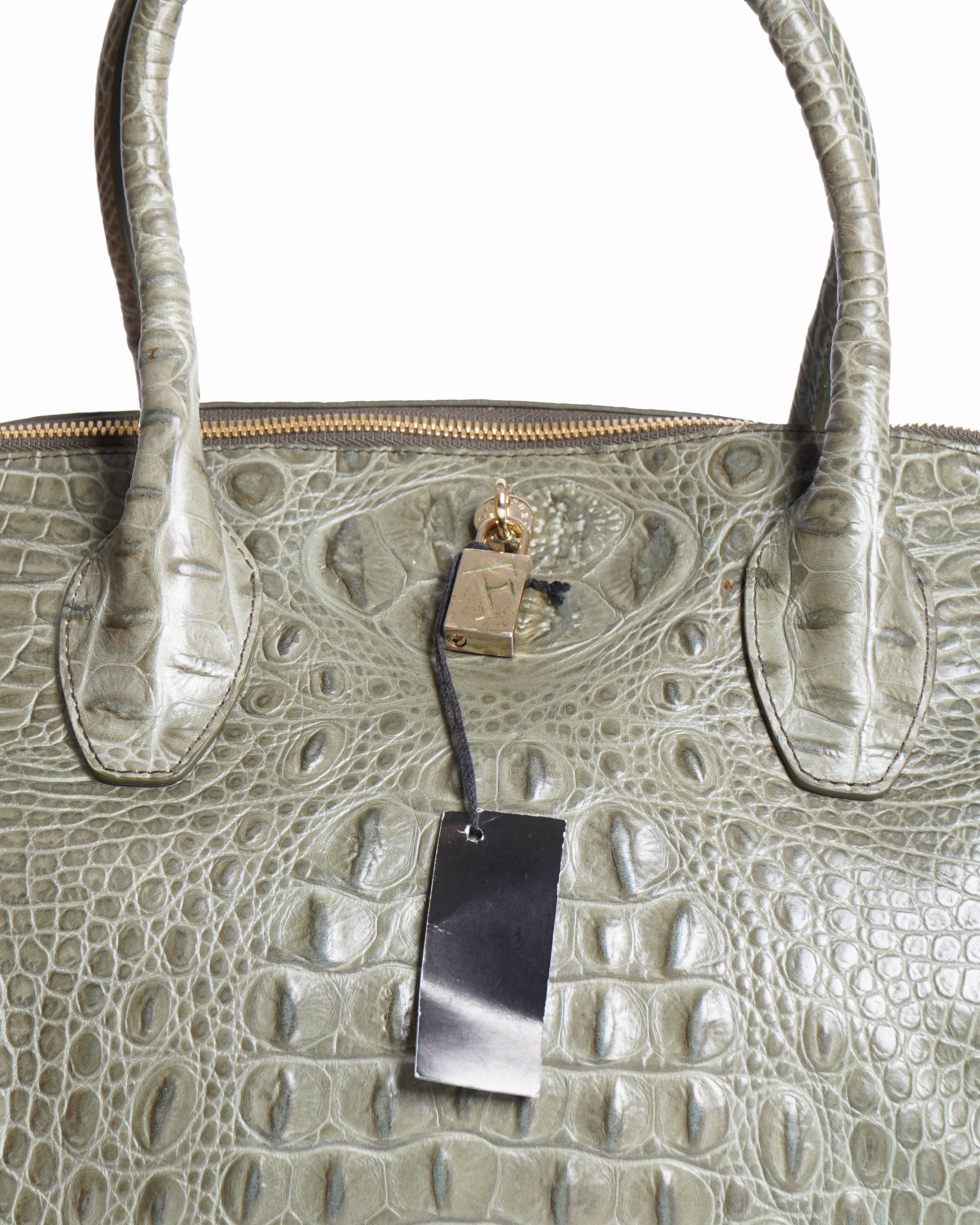Furla Grey- Green Croc Embossed Leather Tote Bag