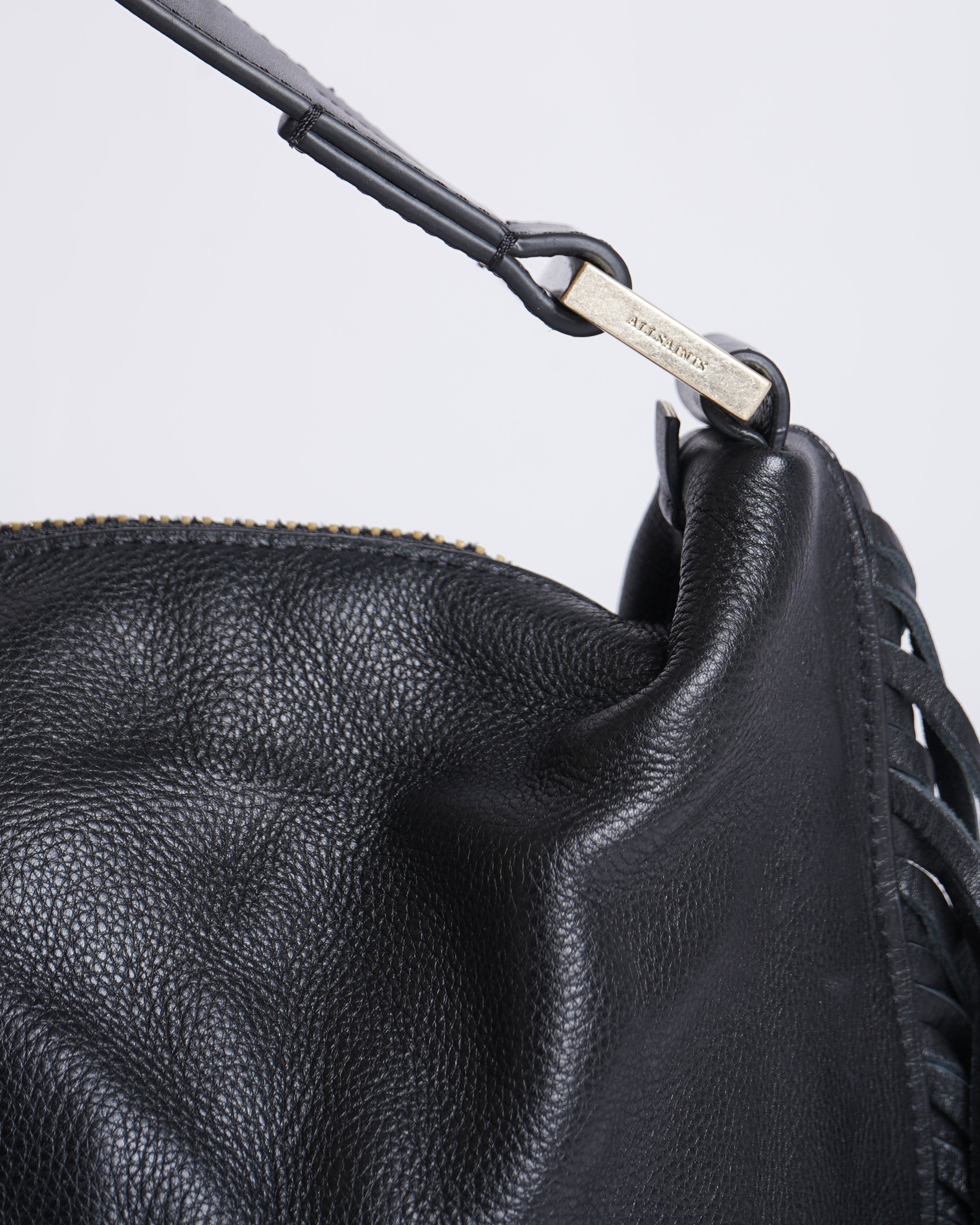AllSaints black leather shoulder fringe bag