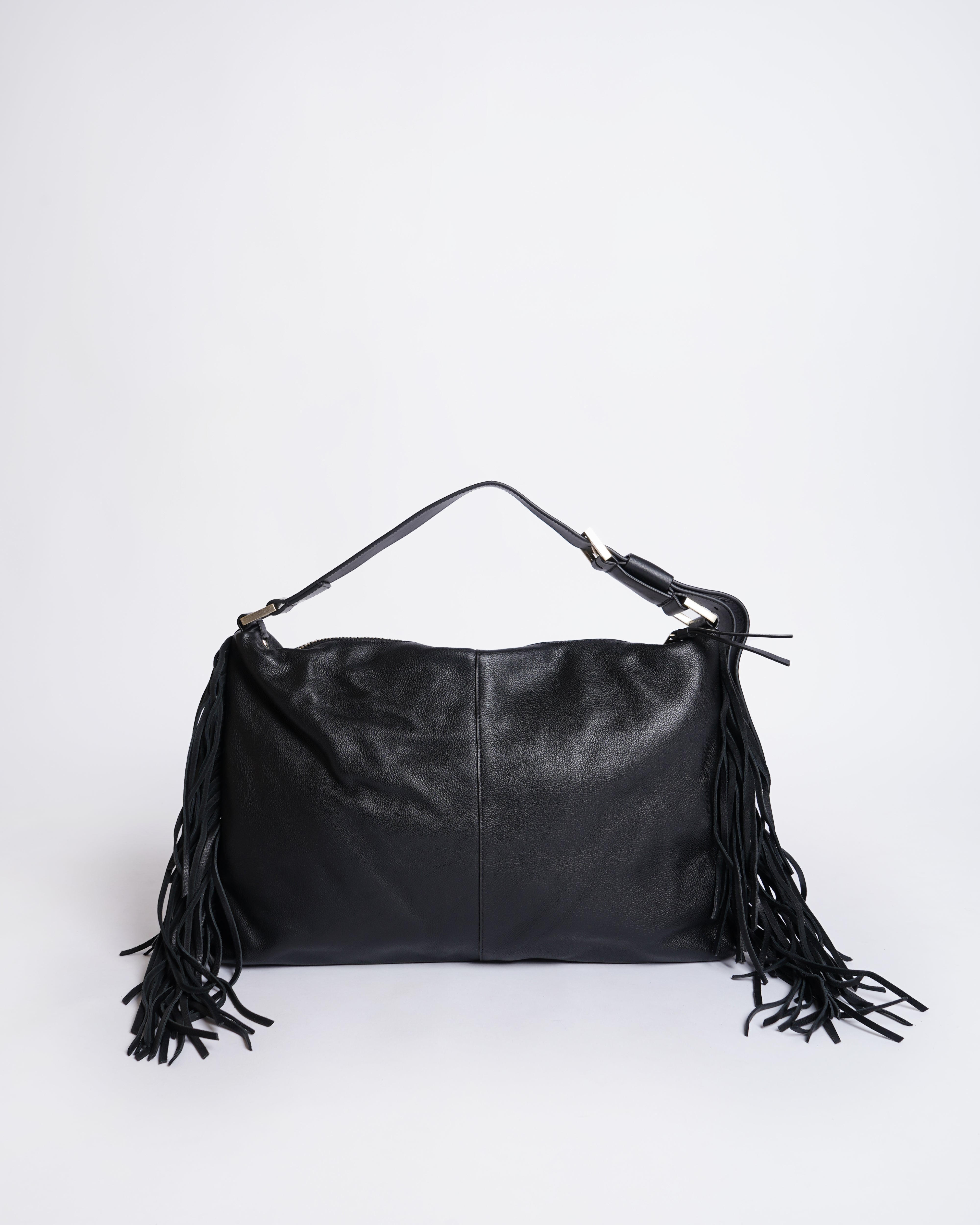 AllSaints black leather shoulder fringe bag