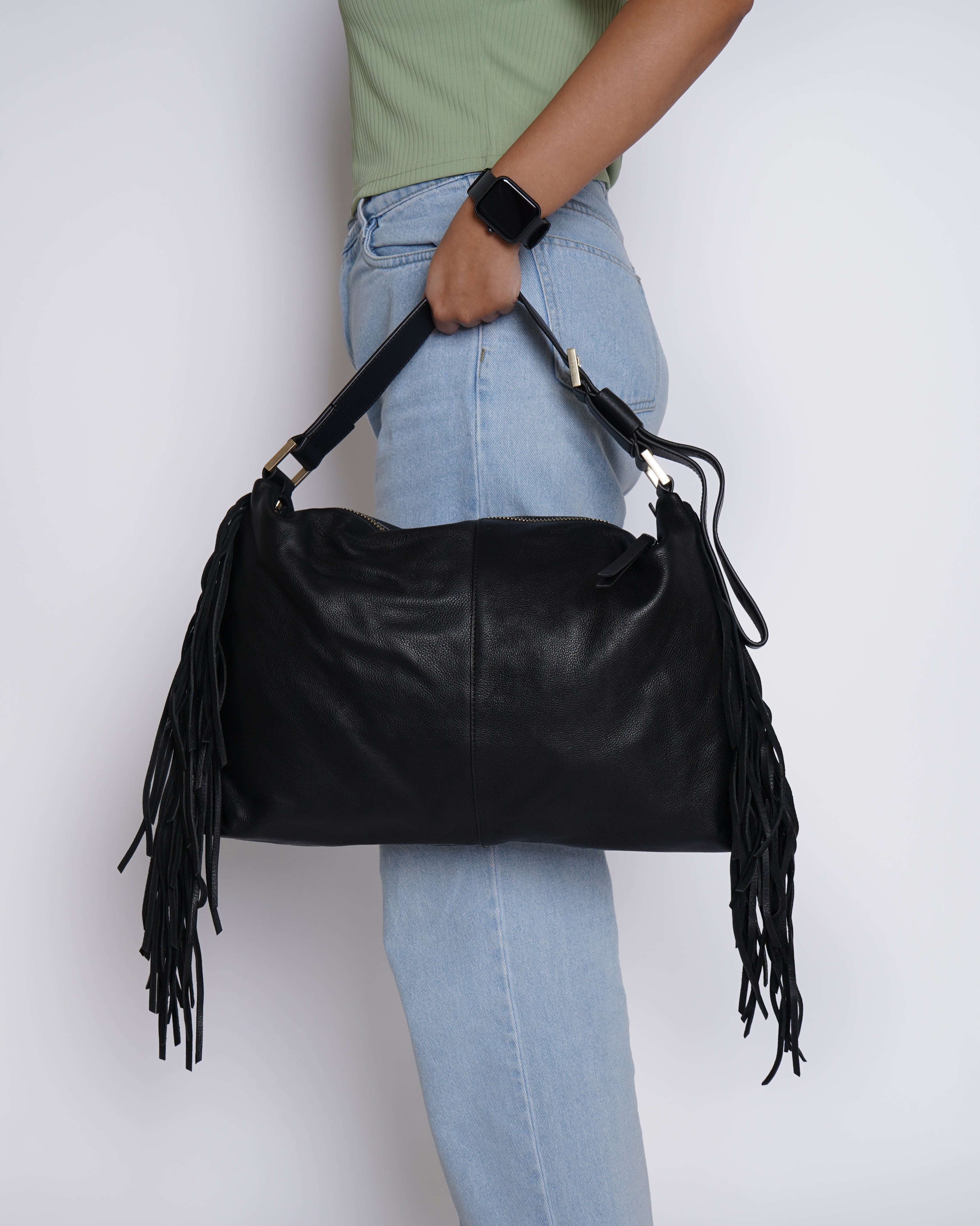 AllSaints black leather shoulder fringe bag