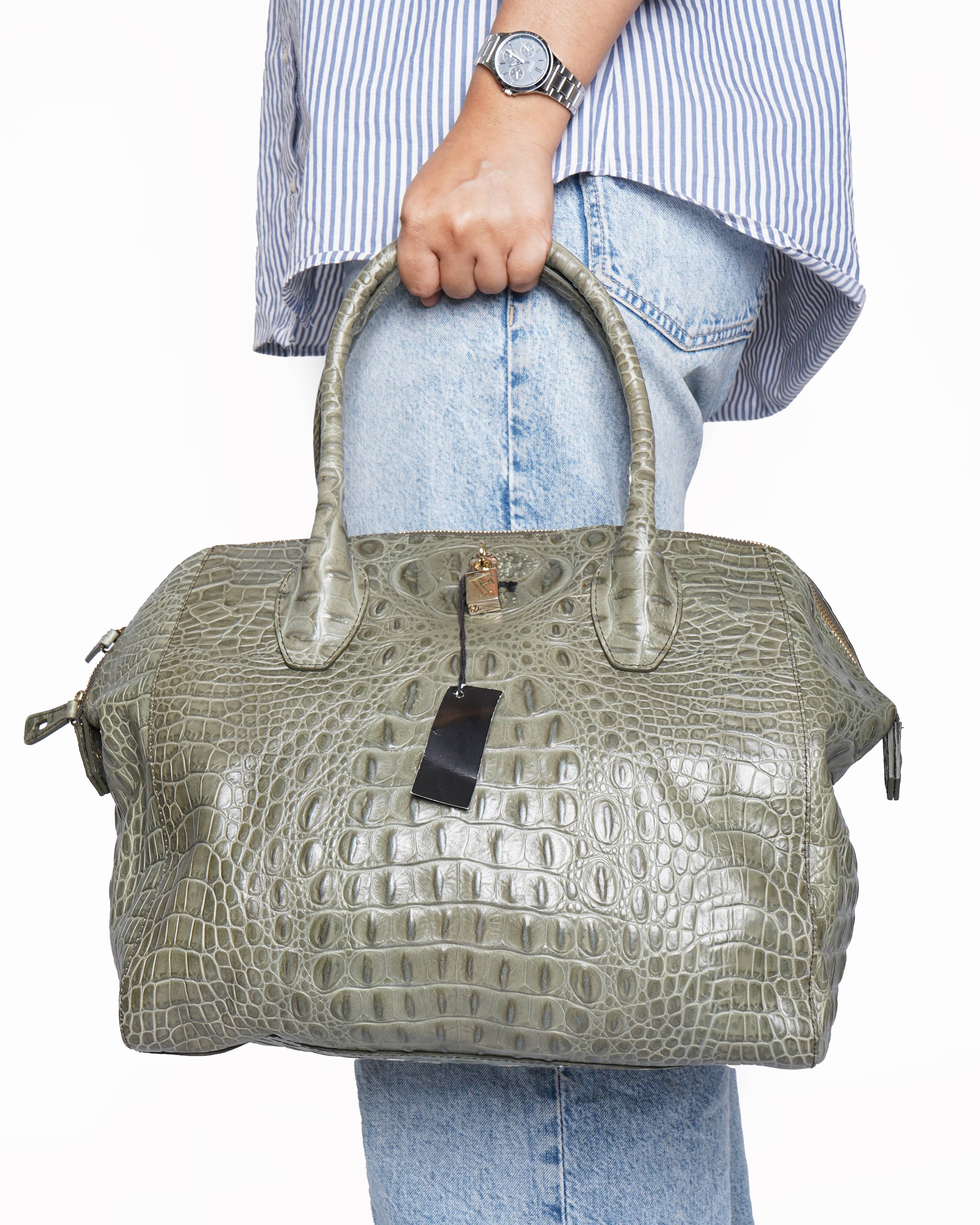 Furla Grey- Green Croc Embossed Leather Tote Bag