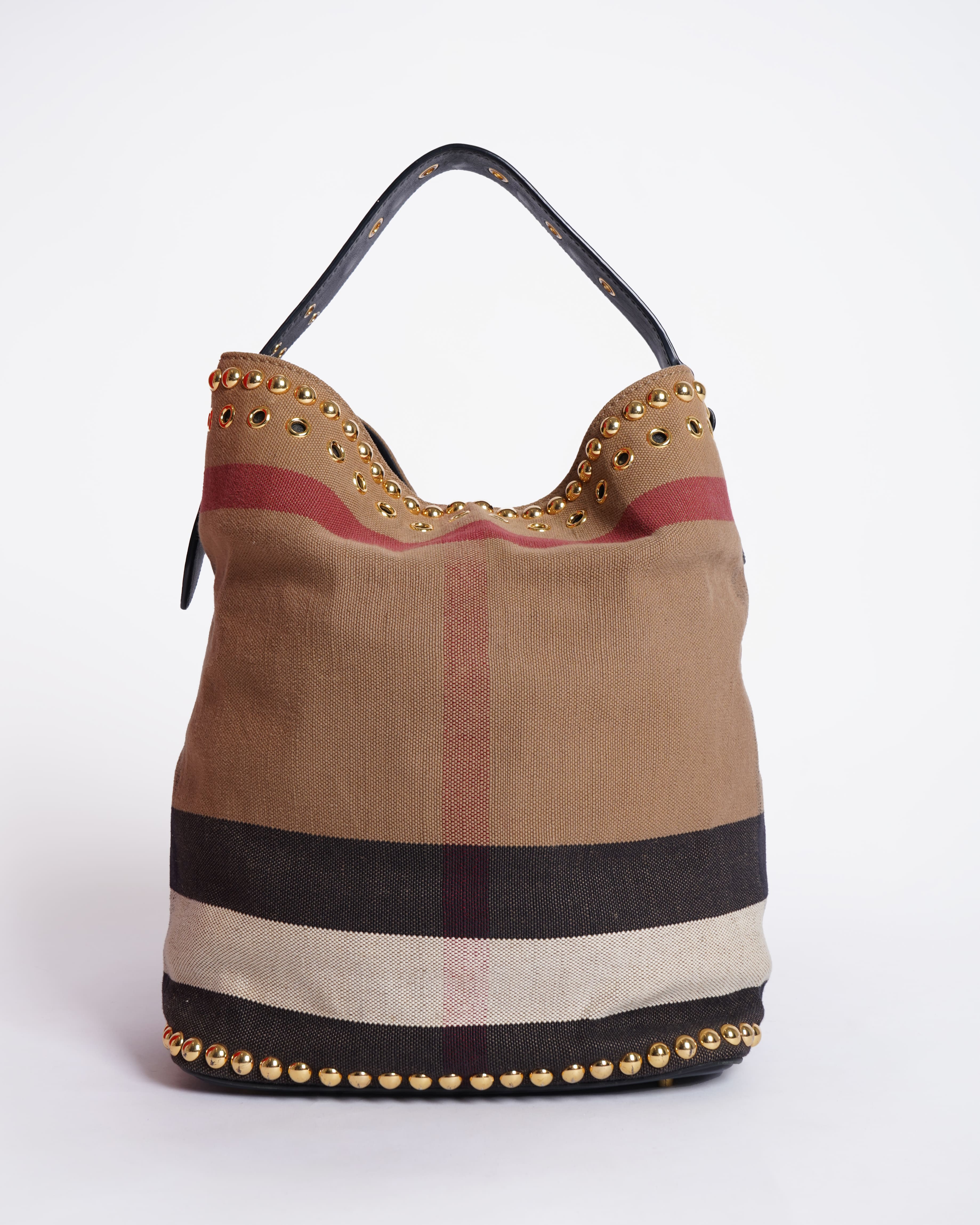 Burberry Ashby Medium Studded Check Canvas Hobo Bag